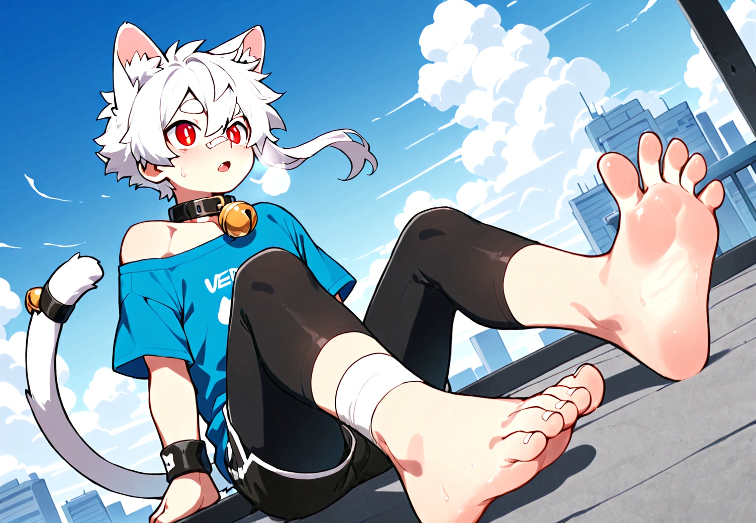 red eyes,Right mid length drooping frontal hair,(Asymmetric hair on the temples:1.2),Expose left shoulder,wristband,thick eyebrows,barcode tattoo,heavy_breathing,<lora:电影工坊V3.0:0.5>,AKIRA,cat boy,1boy,solo,male_focus,(white_hair:0.8),red eyes,[bell on collar,Collar,Cortical collar,Large collar],(blue t-shirt,black_leggings under shorts,black bike_shorts),(barefoot) BREAK dutch angle,vanishing point,sitting on rooftop,(blue sky,cloud,wind),(masterpiece, best quality:1.1),foot focus,bandage on nose,bandage on leg,Tail decoration,cat tail,wear open toe shoes,<lora:FURRY工坊β:1>,juvenile muscle,