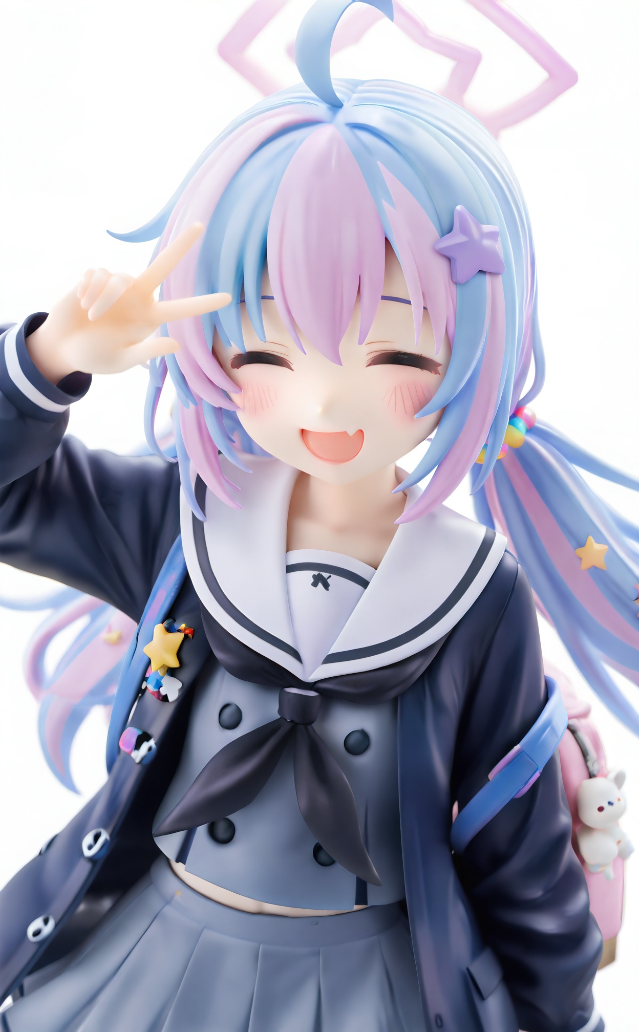 masterpiece,absurdres,best quality,high quality,chromatic_aberration,//,1girl,reisa (blue archive),solo,halo,black neckerchief,neckerchief,white sailor collar,star hair ornament,pink hair,multicolored hair,star halo,star (symbol),sailor collar,hair ornament,white background,ahoge,twintails,light blue hair,closed eyes,simple background,school uniform,v,long hair,jacket,blue hair,black jacket,open mouth,long sleeves,streaked hair,blush,open clothes,serafuku,upper body,hair beads,open jacket,pink halo,grey serafuku,smile,beads,grey shirt,hair scrunchie,shirt,arm up,low twintails,bag,backpack,fang,two-tone hair,hair between eyes,facing viewer,skin fang,scrunchie,purple hair,skirt//,Cinematic Lighting,depth_of_field,pastel colors,subsurface scattering,blurry,//,<lora:PVC8——【CKXL】hans:0.88>,