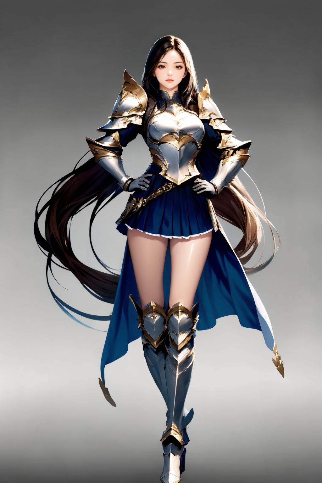<lora:20250501_AgainGameCharacterLora:1>, 1girl, armor, long hair, solo, skirt, gradient background, shoulder armor, thighhighs, full body, looking at viewer, hands on own hips, boots, pauldrons, brown hair, gloves, black thighhighs, breastplate, blue skirt, grey background, armored boots, pleated skirt, gauntlets, standing, brown eyes, breasts, belt, miniskirt, lips, faulds, closed mouth, greaves, white gloves, very long hair, simple background, high heels, thighs, armored dress, knee boots, high heel boots, parted bangs, boobplate, black hair, zettai ryouiki, medium breasts