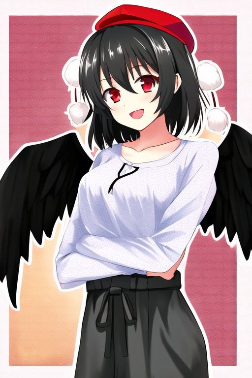shameimaru aya,1girl,hat,solo,wings,red eyes,black hair,smile,open mouth,<lora:aya5:1>,pom pom \(clothes\),(casual:1.3),