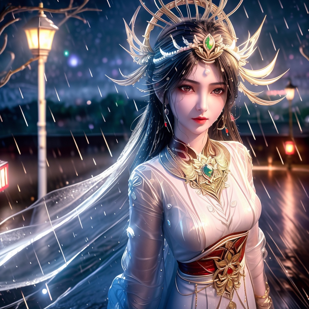 <lora:770-DA-完美世界-火灵儿-婚服:0.8>, (,1girl, ,best quality, ),looking at viewer, ,ultra detailed 8k cg, ultra detailed background,  ultra realistic 8k cg,          cinematic lighting, cinematic bloom, (( , )),,  , unreal, science fiction,  luxury, jewelry, diamond, pearl, gem, sapphire, ruby, emerald, intricate detail, delicate pattern, charming, alluring, seductive, erotic, enchanting, hair ornament, necklace, earrings, bracelet, armlet,halo,masterpiece, (( , )),,  ,cherry blossoms,(((, night,night sky,lamppost,  ultra high res, (photorealistic:1.4), raw photo, 1girl, , rain, sweat, ,wet, )))(( , ))   (cleavage),,  (),