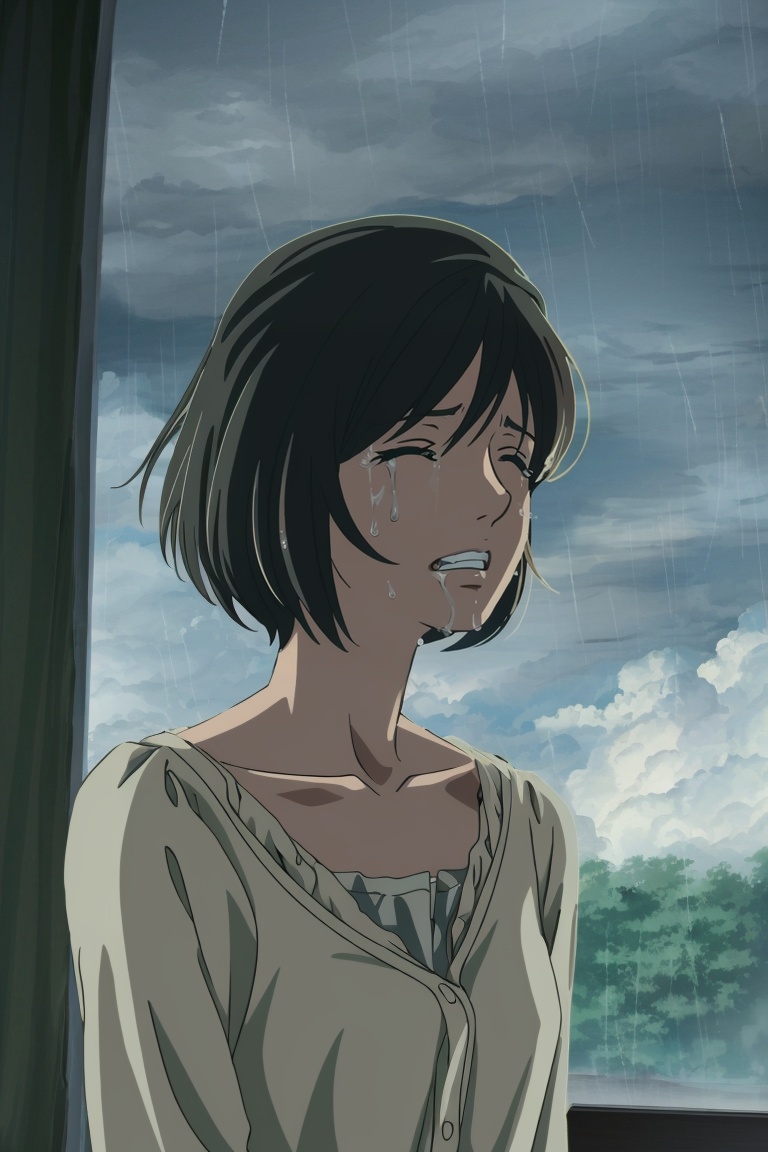 ((HRD, HUD, 8K)),((masterpiece, best quality)), highly detailed, soft light,1girl, rain, solo, short hair, crying, closed eyes, clenched teeth, tears, teeth, collarbone, sad, upper body, window, black hair, bob cut, brown hair,<lora:20240421-1713705200913:0.8>