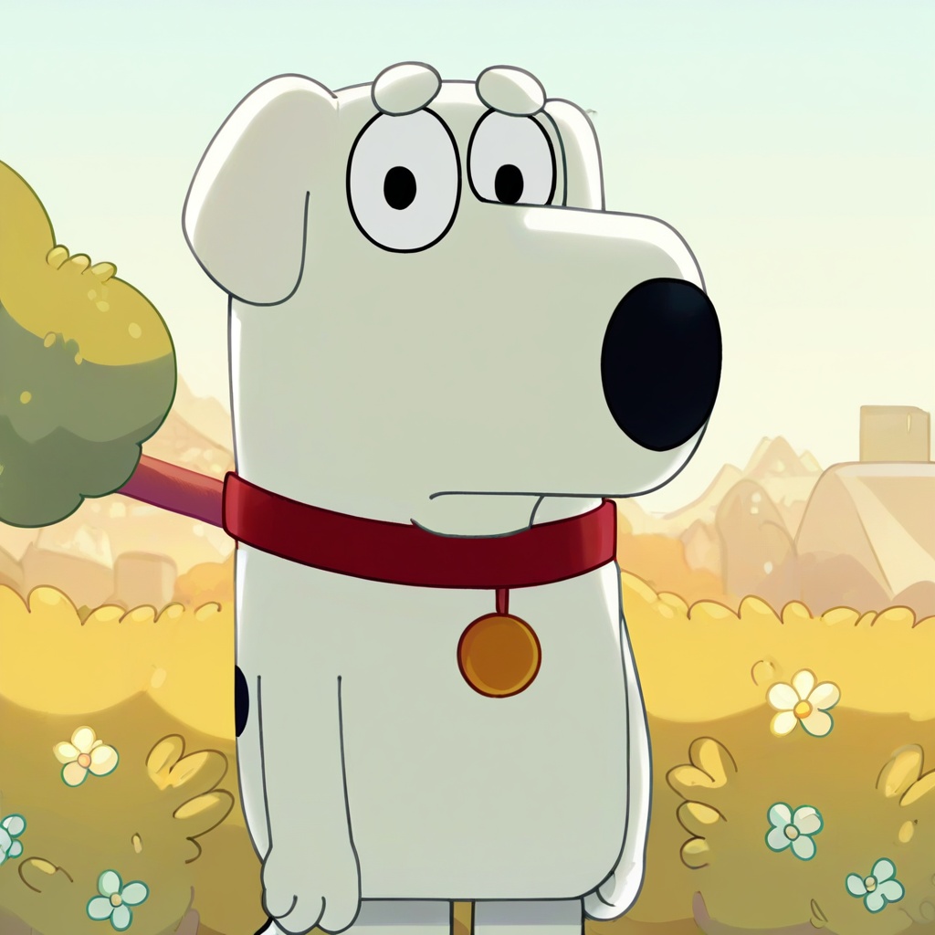 safe_pos, score_9, score_8_up, score_7_up, score_6_up, score_5_up, score_4_up, source_furry, hi res, blurred background, particles, solo, Brian Griffin, Dog, White fur, red collar, looking at viewer, closed mouth, Bluey style