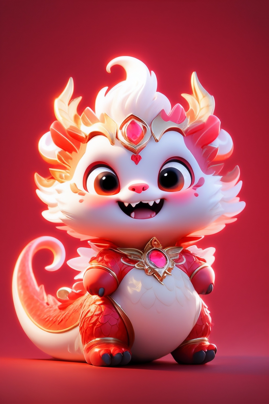 a cute pink and white pet,scale,red theme,<lora:Dragon Baby_20231209214719-000009:0.8>,((masterpiece)),rich details,extremely exquisite,claw,head gemstone,red background,fangs,