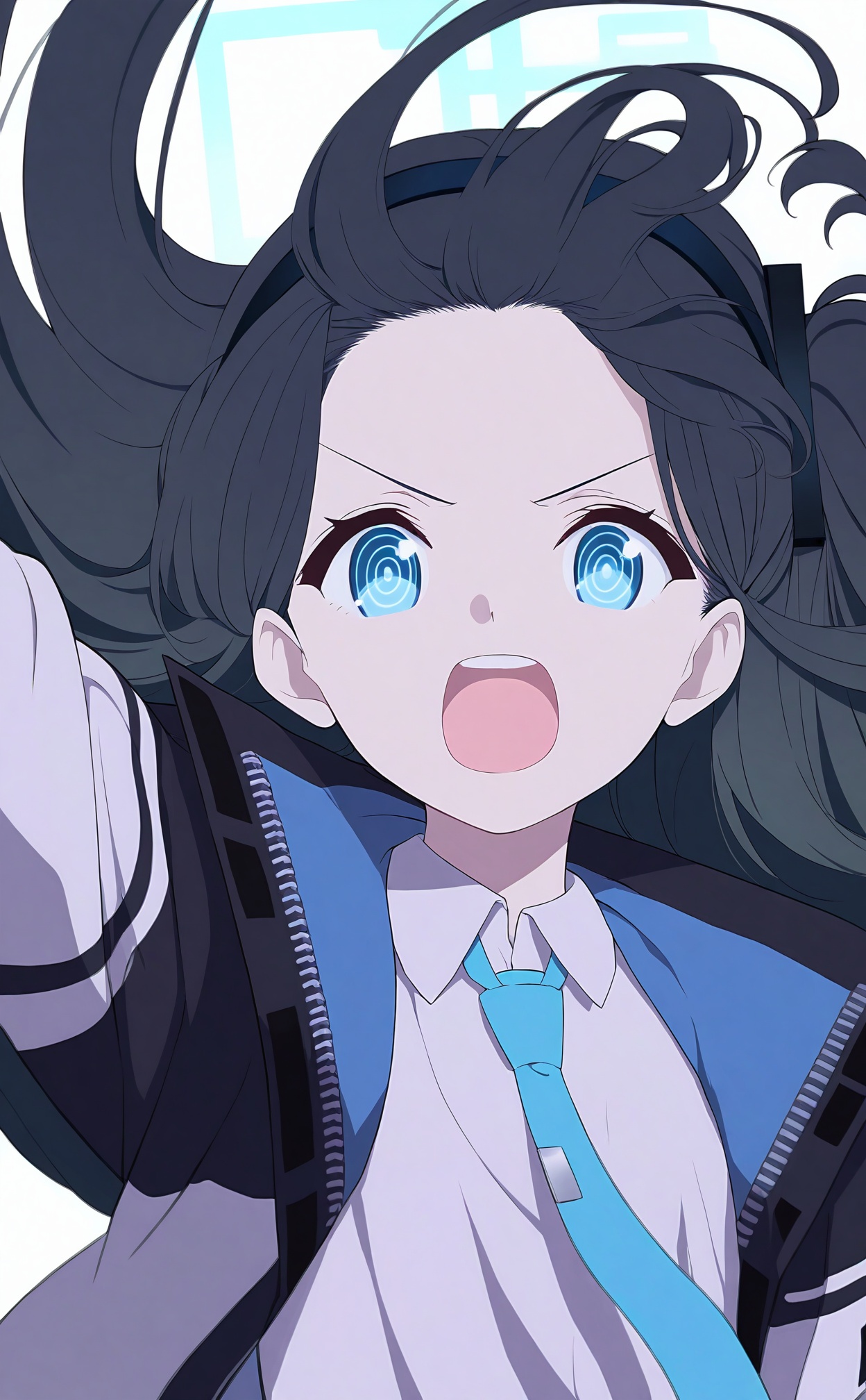 masterpiece,best quality,high quality,1girl,aris (blue archive),solo,ringed eyes,blue eyes,blue necktie,shirt,open mouth,necktie,black hair,long hair,white shirt,collared shirt,jacket,looking at viewer,halo,upper teeth only,forehead,teeth,v-shaped eyebrows,floating hair,very long hair,black hairband,hairband,long sleeves,open clothes,open jacket,outstretched arm,@_@,absurdly long hair,blue theme,blurry,portrait,//,<lora:BA——【noob】hans:1>,