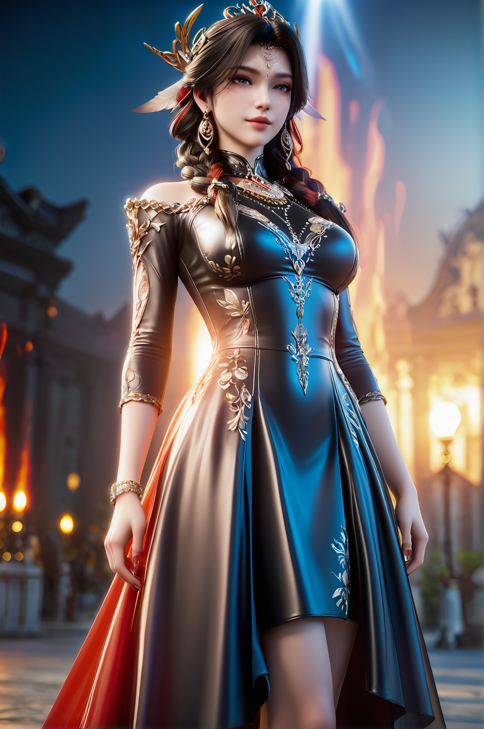 score_9,score_8 up,score_7,1girl,solo,3d,ultra-detailed,high resolution,perfect lighting,flawless skin,sharp focus,extremely detailed anatomy,Exquisite Craftsmanship,High-Resolution Beauty,Unparalleled Artistic Quality,(masterpiece:1.2),best quality,official art,extremely detailed CG unity 8k wallpaper,<lora:巫女玲珑:0.7>,multicolored_clothes,expressive_clothes,shiny_clothes,dress,