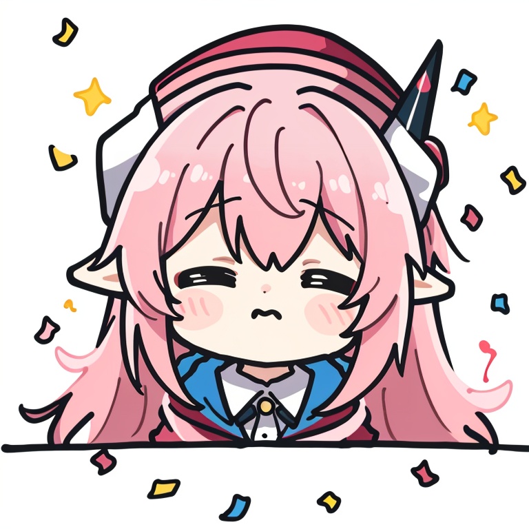 ((HRD, HUD, 8K)),((masterpiece, best quality)), highly detailed, soft light,EmojiPack, party hat, 1girl, solo, horns, pink hair, closed eyes, white background, pointy ears, simple background, chibi, hat, one side up, long hair, confetti, blush stickers, =_=, bangs, <lora:20240527-1716802627504:0.8>