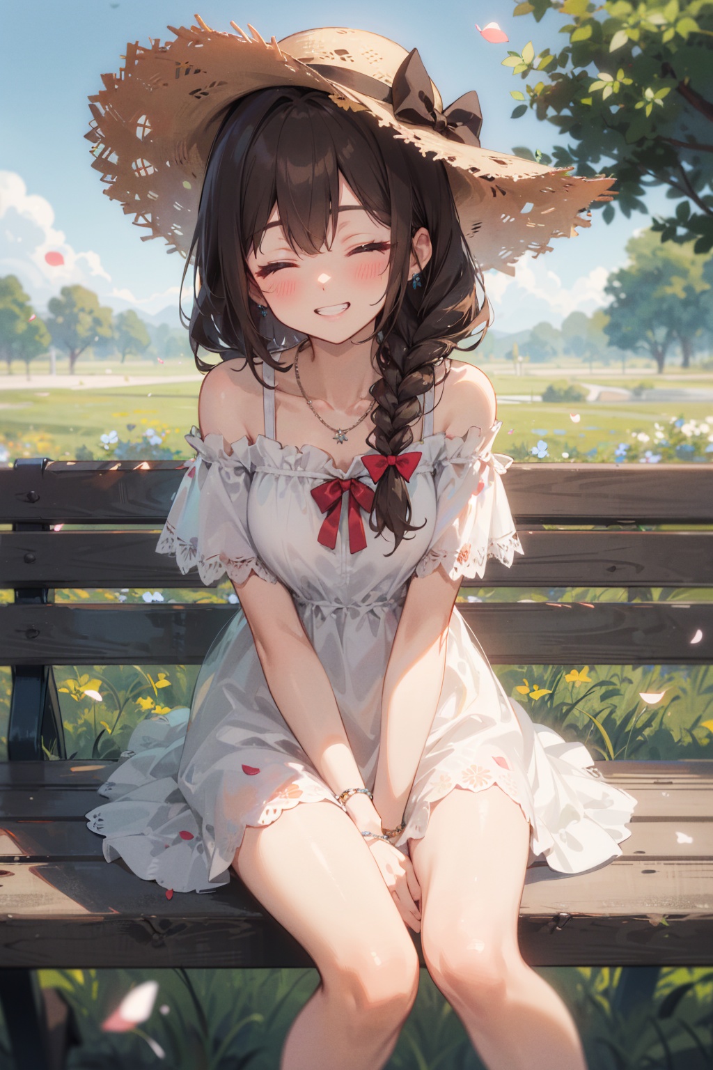 masterpiece,best quality,(ray tracing,cinematic lighting) looking at viewer, 1girl, solo, smile, sitting, hat, shoulder cutout, braid, dress, brown hair, (closed eyes:1.1), twin braids, blush, long hair, bench, grin, grass, white dress, jewelry, clothing cutout, bangs, necklace, floral print, blurry, hand between legs, blurry background, between legs, bow, facing viewer, breasts, bare shoulders, sun hat, straw hat, day, collarbone, hair bow, short sleeves, feet out of frame, ribbon, brown headwear, on bench, depth of field, park bench, ^_^, hair over shoulder, day, sky, flower field, petals,
