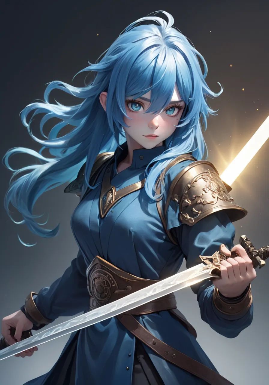 hires,  best quality,  A character who has blue hair and has a sword on Tensor.Art