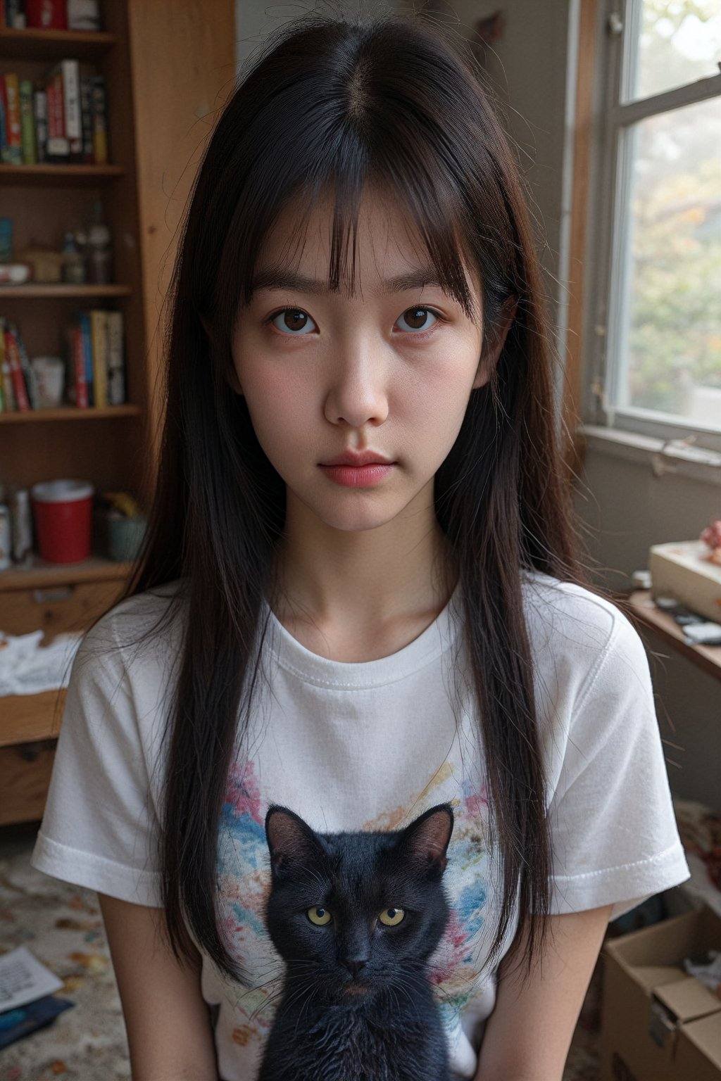 Photograph of an Asian woman with long,  straight black hair and bangs,  sitting indoors near a window. She has fair skin...