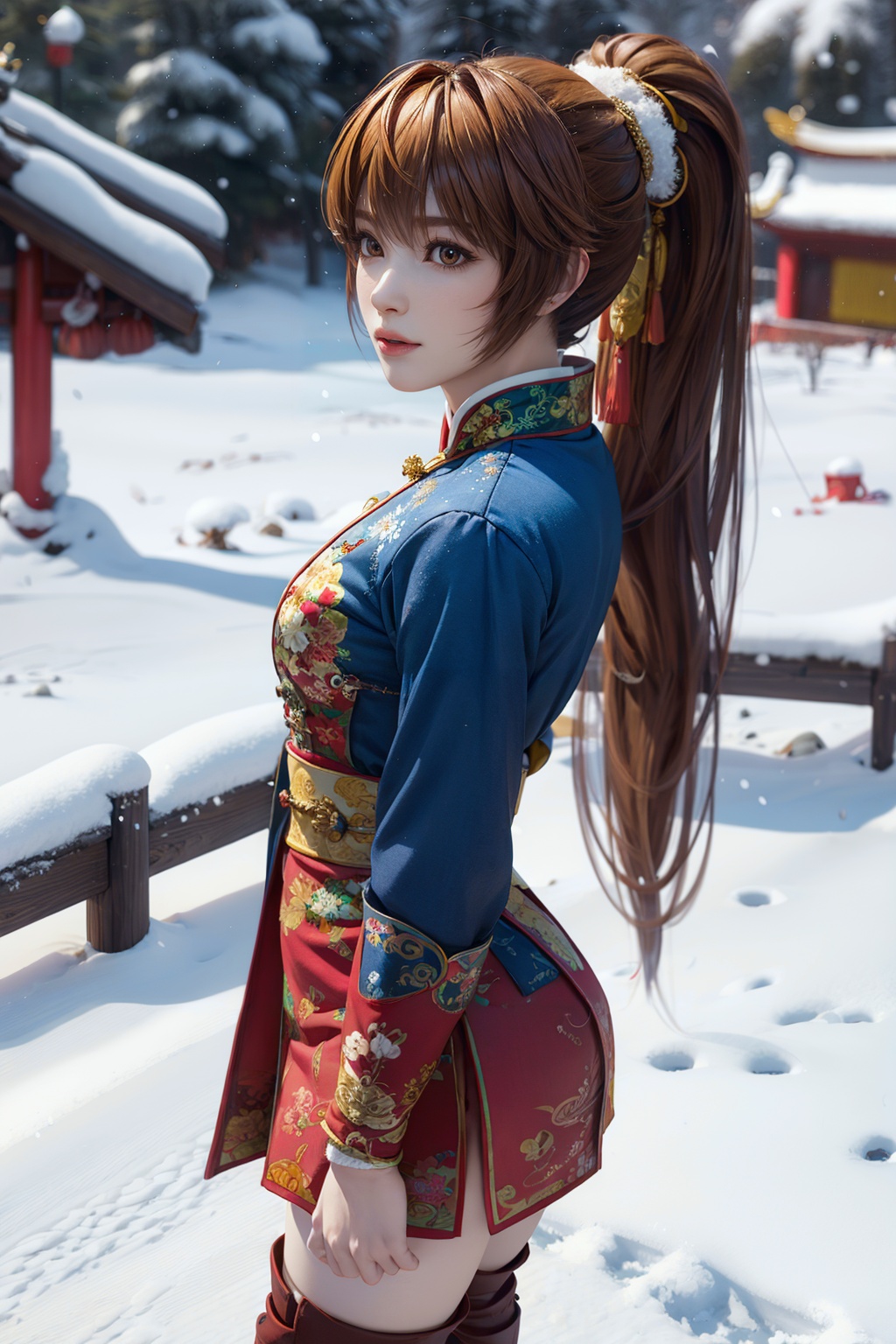 masterpiece,high quality,kasumi,brown eyes,1girl,solo,looking_at_viewer,<lora:add_detail:0.3>,3D graphics,brown hair,ponytail,white thighhighs,simple background,outdoors,(snow),snowflakes,<lora:kasumi-000003:0.7>,chinese clothes,china dress,new year,