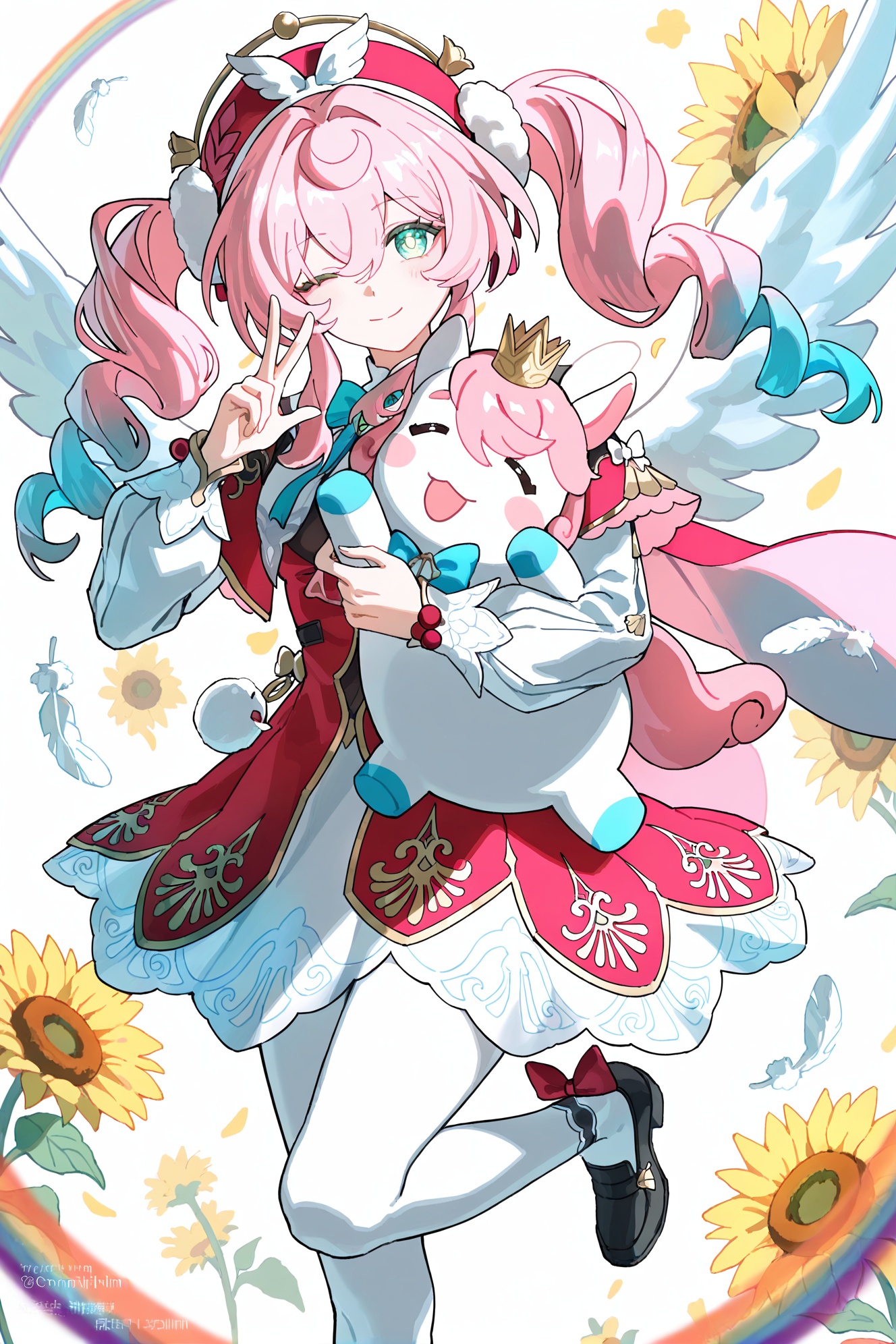 hyacine \(honkai: star rail\),akengihci,crisp,gwwj,fonnjinn\(honkai:star rail\),1girl,pink hair,white pantyhose,wings,sunflower,one eye closed,pantyhose,rainbow,flower,smile,multicolored hair,dress,feathers,