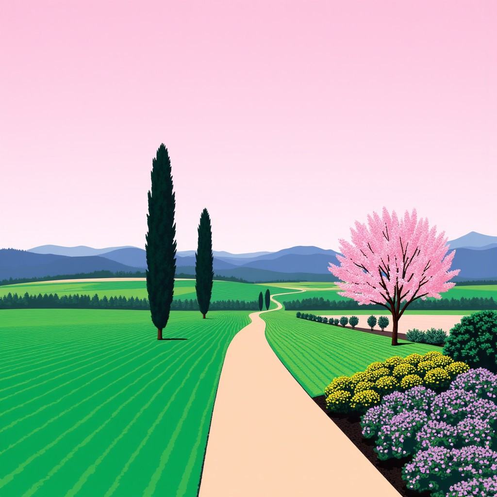 This image is a digitally created,  highly stylized illustration of a serene countryside scene. The background features a...