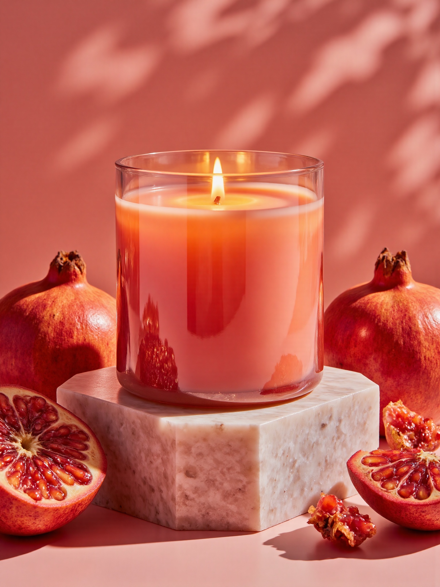 Product Shots,A vibrant photograph featuring a glowing,orange candle on a white stone base,surrounded by pomegranates,