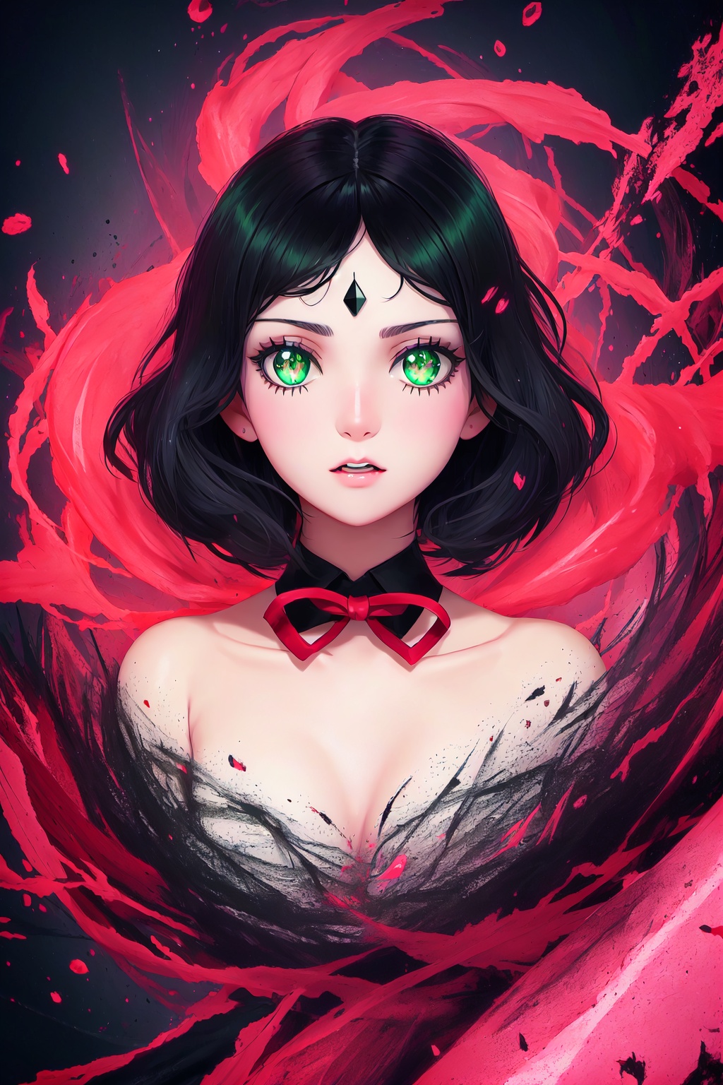 black hair,  short hair,  green eyes on Tensor.Art