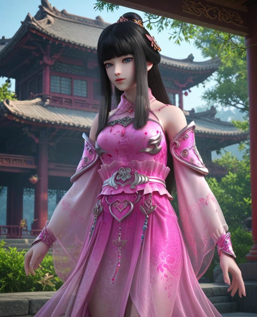 (oriental architecture, elegant decor, sophisticated style:1.1),(Casual hands-in-pockets stance:1.1),(breasts:1.2),<lora:XL16墓王之王林水瑶:0.95>,miss linshuiyao,pink dress,see-through,blue eyes,black hair,hime cut,long hair,hair ornament,detached sleeves,hair bun,sash,spiral leg decoration,pink boots,, score_9,score_8_up,score_7_up,score_6_up,score_5_up,score_4_up,3d rendering,tag1,tag2, Cinematic Lighting,backlighting,