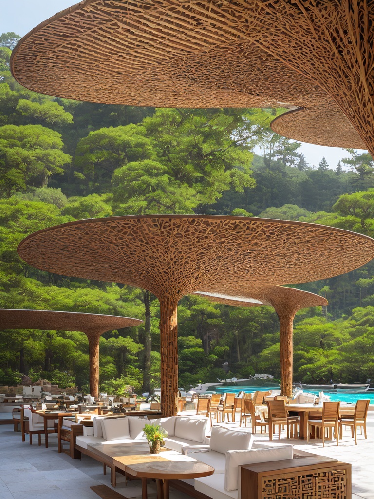 Best quality,masterpiece,ultra detailed,a giant building near a hillside,complex architecture,butterflies,vines,moss,exquisite architecture,endless pine forests,snow scenery,RAW simulation photos,art station trends,wide-angle photos,depth of field,perfect com,positiona pavilion made of rattan,Swimming pool,outdoor sofa,tropical.,Summer Noon,montage effect,<lora:20240102-1704177466587:0.6>,restaurant,