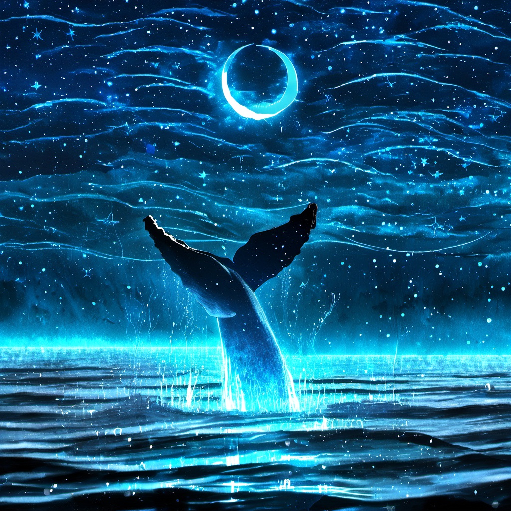 <lora:star_xl_v2:1>,a whale jumping out of the water at night with stars and a crescent above it and a crescent of stars above it, outdoors, sky, water, no humans, night, animal, moon, star \(sky\), night sky, scenery, starry sky, reflection, fish, blue theme, crescent moon, whale, The image showcases a breathtaking nighttime scene over a body of water. Dominating the foreground is a majestic whale, its tail raised high, seemingly leaping out of the water. The whale is illuminated with a radiant blue glow, contrasting beautifully against the dark backdrop. Above the whale, the sky is awash with a myriad of stars, forming intricate patterns and trails. A crescent moon hangs in the sky, adding to the ethereal ambiance. The water below reflects the stars and the moon, creating a mirror-like effect. The overall mood of the image is one of wonder, serenity, and the beauty of nature., body of water, nighttime scene, stars, trails, ethereal ambiance, wonder