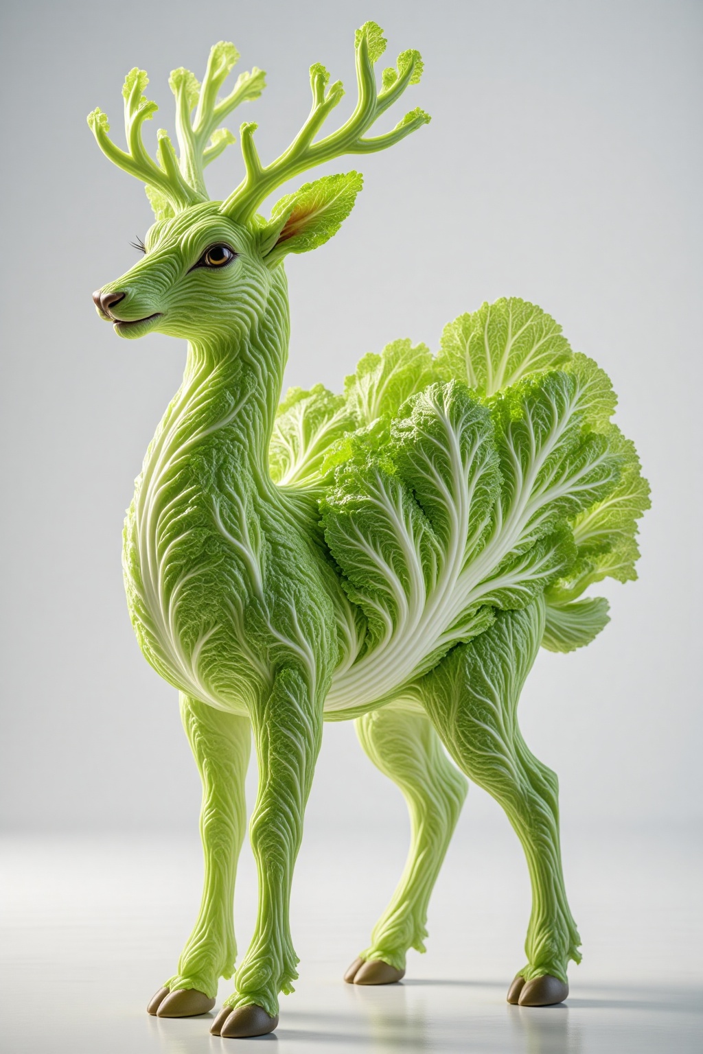 pic,A deer whose body is composed of crisp, vibrant green lettuce leaves.