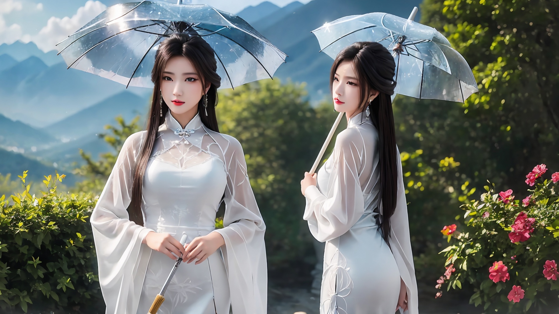1girl,umbrella,solo,dress,white dress,holding umbrella,jewelry,long hair,black hair,holding,outdoors,chinese clothes,mountain,earrings,necklace,long sleeves,<lora:girl solo luxueqi_20240911015355:0.8>,