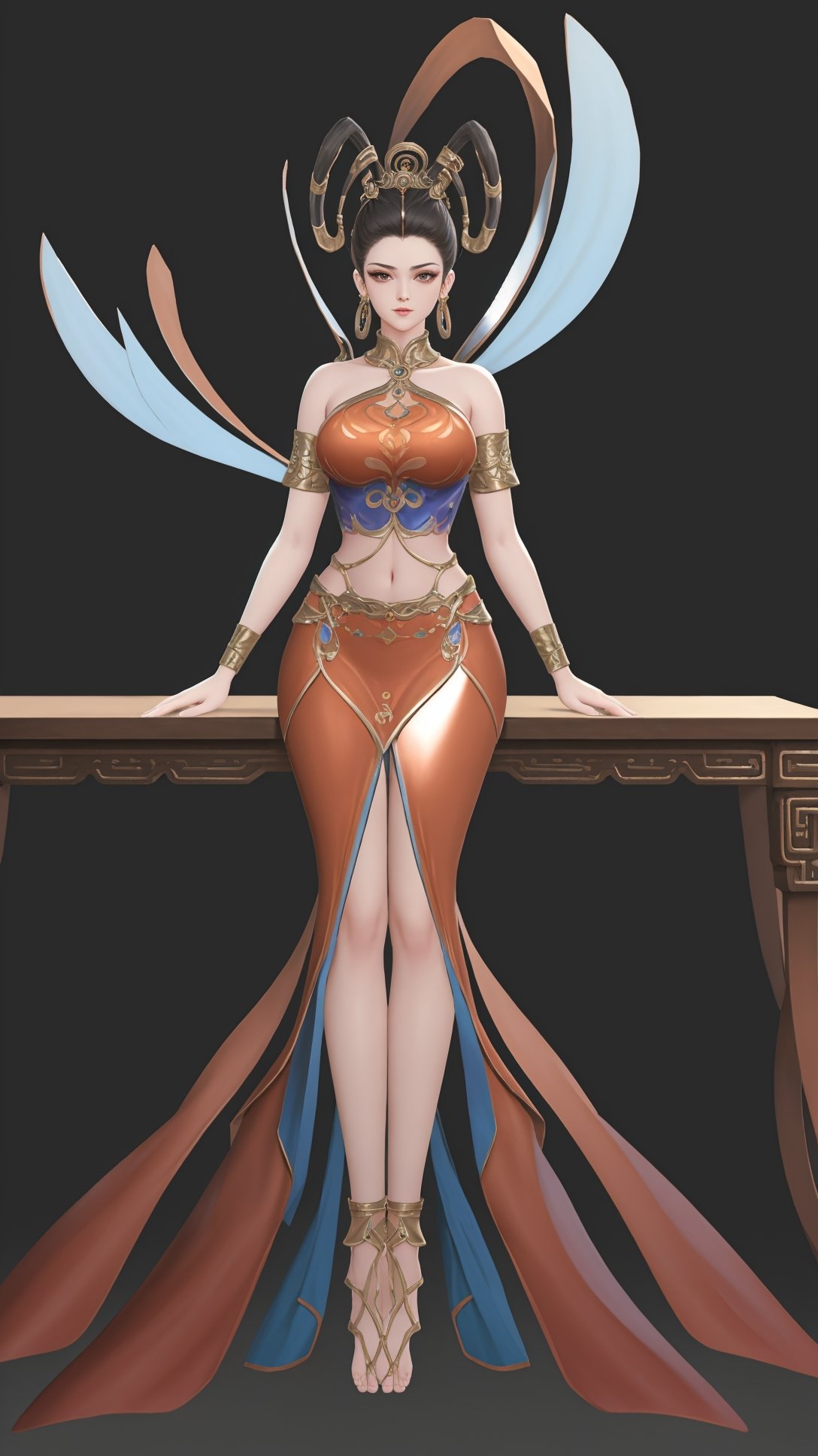 (1girl),smooth chin,masterpiece,detailed face,((hair ornament:1.2)),top quality,4k,make up,best quality,large breasts,(looking at viewer),ribbon,arms behind back,shawl,detached sleeves,forehead mark,legs,on street,full body,sitting on table,<lora:王者杨玉环遇见飞天_v1.0:0.9>,(big hair ring:1.5),hair ribbon,chinese clothes,orange skirt,midriff,anklet,armlet,