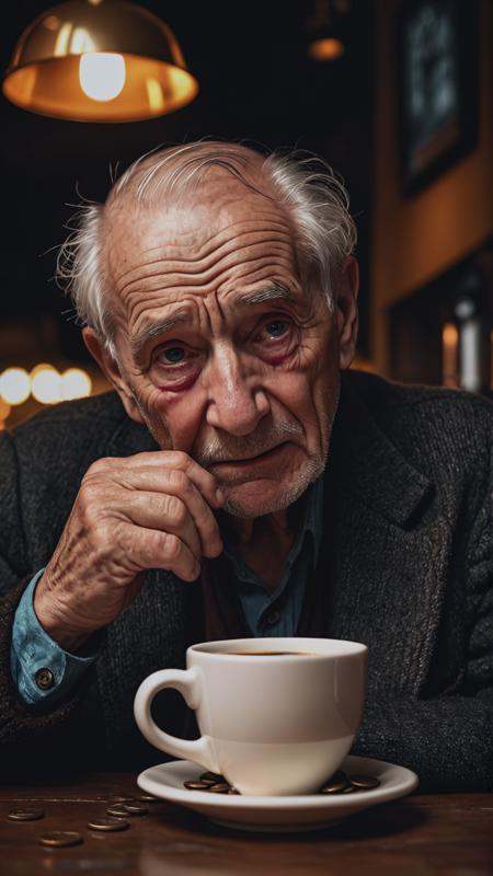 RAW photo,  old man in cafe,  detailed wrinkles on Tensor.Art