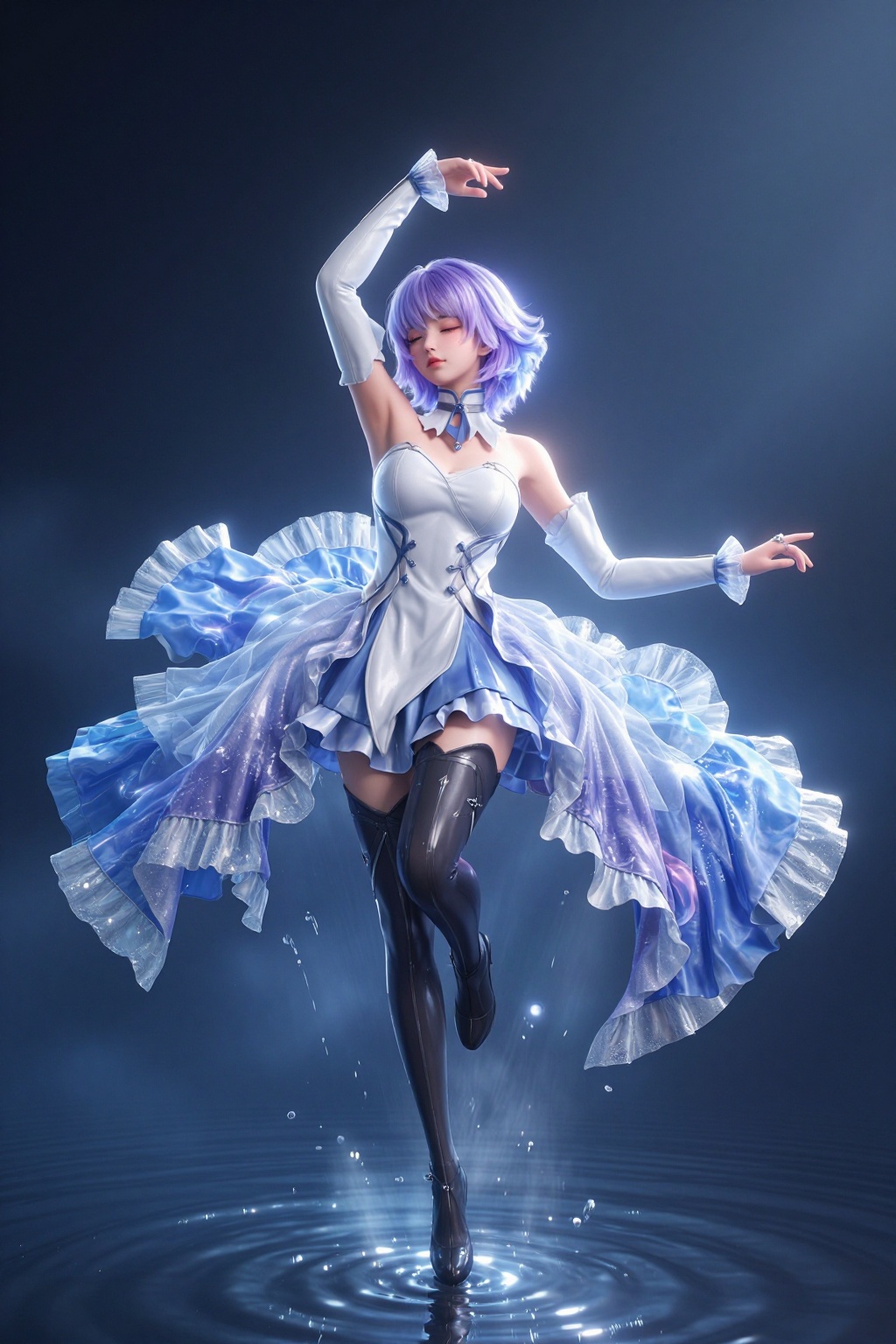 YY Anime style,CG,1girl, helena blavatsky \(third ascension\) \(fate\), fate/grand order,  wide shot, floating clothes, detached collar, short dress, white sleeves, black footwear, water, detached sleeves, thighhighs, arm up, closed eye, bare shoulders, standing, armpits, strapless, standing on one leg, long sleeves, frilled thighhighs, dress, facing viewer, frills, knees together feet apart, solo, boots, purple hair