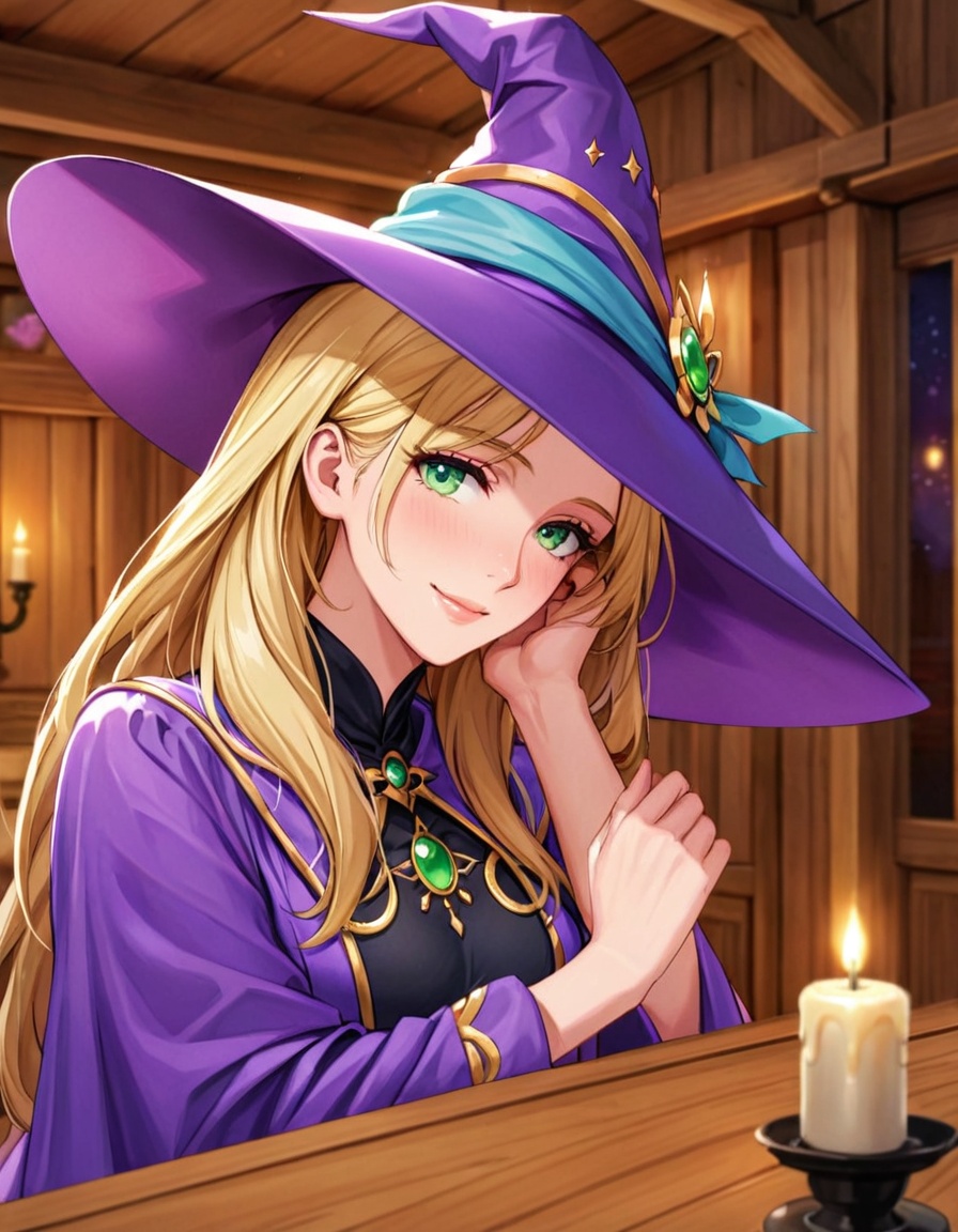 beautiful detailed portrait, motherly beautiful ***** mature magician woman, long lush flowing blonde hair, beautiful detailed face, delicate oval face, big kind green eyes, delicate nose, delicate lips, kind loving smile, beautiful purple magician's robe, big purple witch hat, wooden cabin interior, candle lit room, best quality, extremely detailed
