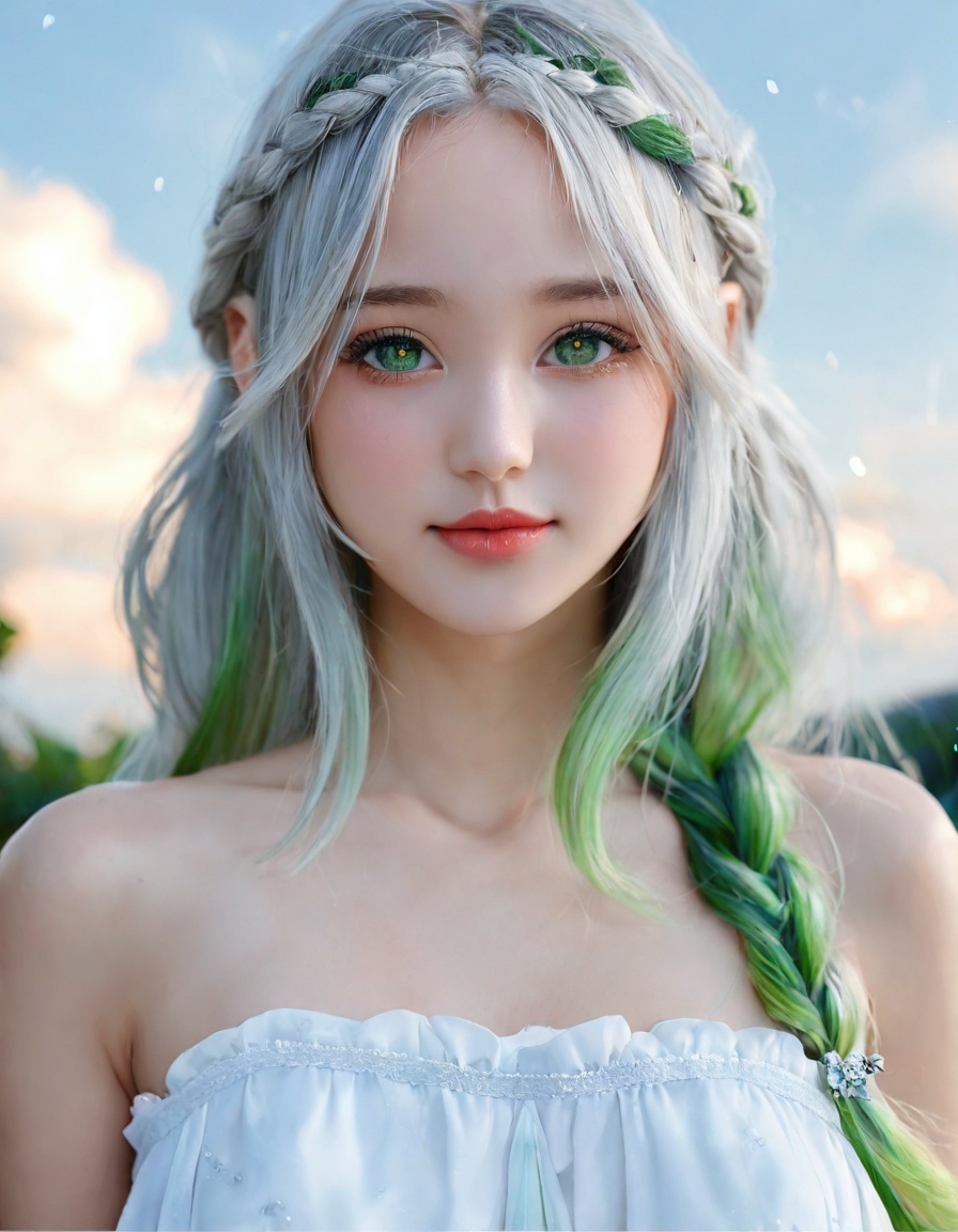 masterpiece,best quality,amazing quality,very aesthetic,absurdres,newest,highres,1girl,solo,long hair,looking at viewer,bangs,hair ornament,dress,hair between eyes,bare shoulders,green eyes,collarbone,braid,grey hair,sidelocks,multicolored hair,outdoors,green hair,sky,alternate costume,pointy ears,cloud,white dress,blurry,symbol-shaped pupils,gradient hair,alternate hairstyle,cloudy sky,rain,hair down,nahida \(genshin impact\),backlighting,blue and white theme,depth of field,cinematic lighting,light particles,lens flare,(artist:quasarcake:0.8),extreme aesthetic,(wlop:0.6),aesthetic,Emotionalization,temperate atmosphere,in the style of fashion photography,(Visual impact:1.2),giving the poster a dynamic and visually striking appearance,impactful picture,colorful,splash of color,movie perspective,