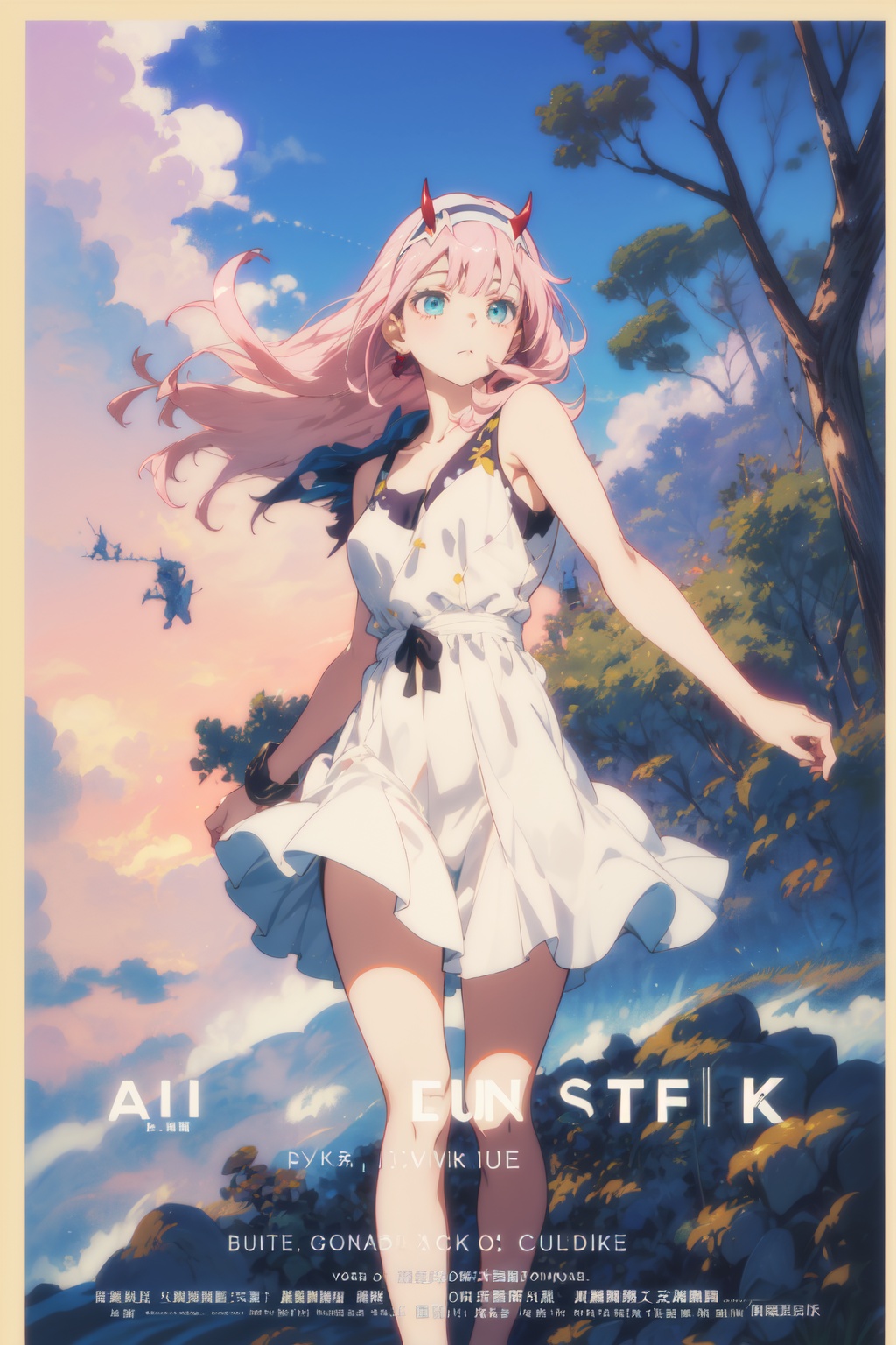 1girl,looking at viewer,solo,anime coloring,long hair,pink hair,straight hair,bangs,white hairband,horns,green eyes,eyeshadow,02_CYQL,<lora:02:0.8:lbw=MIDD>,Pleated satin slip dress with lace trim,(grin jumping portrait foreshortening:1.1),beautiful face,beautiful eyes,glossy skin,shiny skin,Coastline, Rocks, Sea stacks, Waves, Seagulls, Cliffs, Tide pools, Coastal erosion,Gum trees, Eucalyptus scent, Australian outback, Sunrise hues, Gum tree silhouettes, Outback landscape,beautiful detailed sky,beautiful detailed glow,(movie poster:1.2),(border:1.3),(English text:1.4),posing in front of a colorful and dynamic background,masterpiece,best quality,beautiful and aesthetic,contrapposto,female focus,fine fabric emphasis,wallpaper,fashion,depth of field,intricate_detail,finely_detailed,fine_fabric_emphasis,glossy,<lora:增强减少细节add_detail:0.4>,