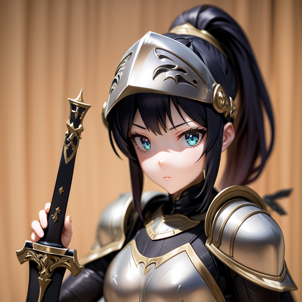 1girl, weapon, armor, sword, black hair, headband, holding weapon, shoulder armor, long hair, holding, ponytail, holding sword, blurry background, looking at viewer, blurry, over shoulder, weapon over shoulder, solo focus, helmet