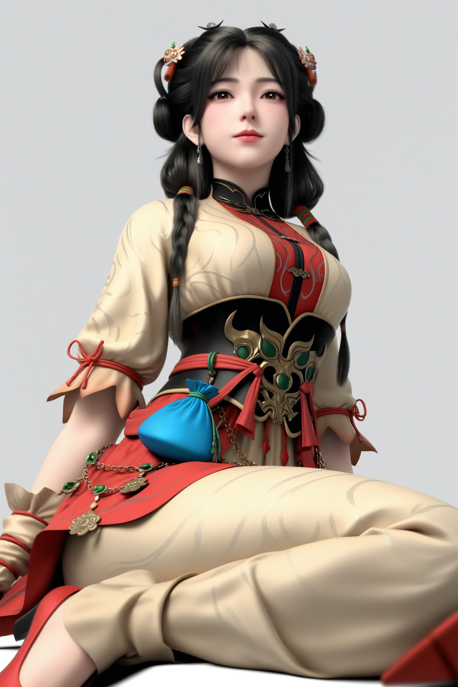 masterpiece,best quality,absurdres,highres,mature female,glamor,(slender:1.1),solo,<lora:金玉环-ill:0.85>,jingyuhuan,multi-tied hair,hair ornament,long hair,black hair,twin braids,braided hair rings,earrings,brown eyes,brown_pupils,light blush,BREAKhigh collar,puffy short sleeves,waist belt,waist sash,ornate belt,high-waist skirt,long skirt,blue pouch,wrist cuffs,gold chain,high heels,sitting,pov,from below,BREAKsimple background,white background,