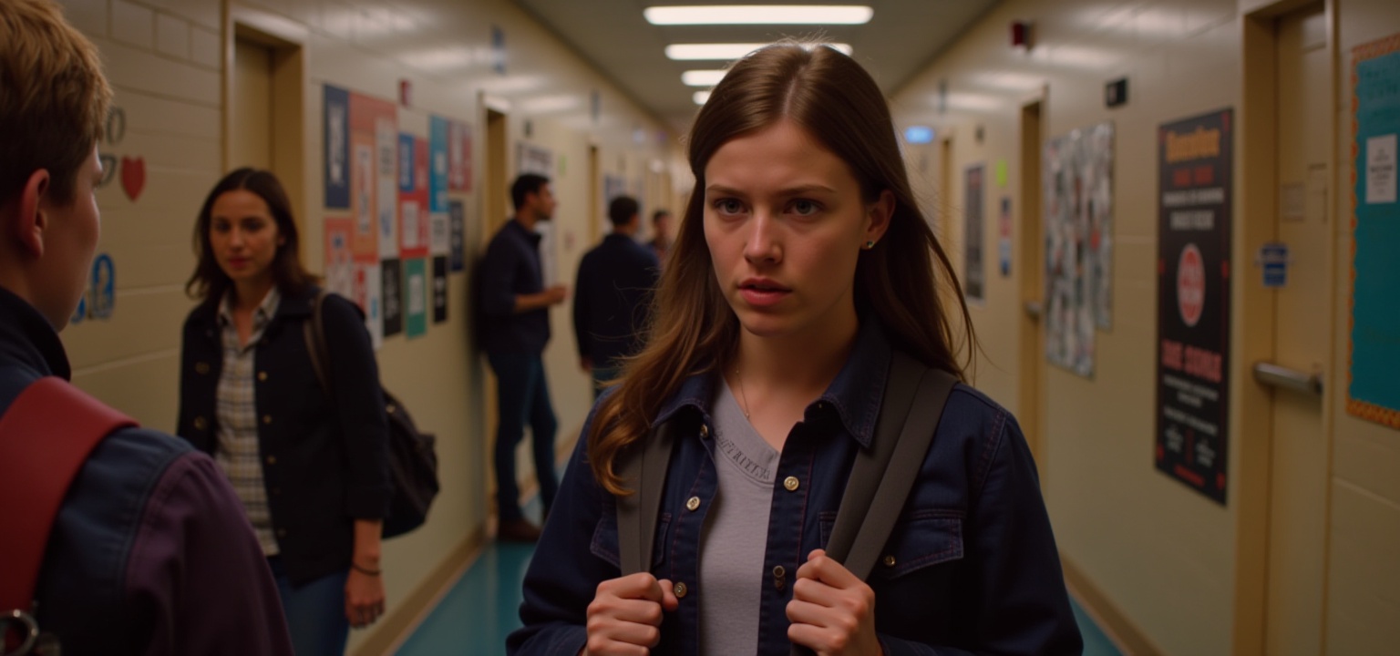 (Color style:2),(Realistic movie shot:2),(Color style:2),A close-up of the female protagonist.A high school hallway,filled with the noise of students and the clatter of lockers. The walls are adorned with posters and school spirit decorations.,Character: Casey,a new student,feeling out of place and anxious.,Action: Casey walks down the hallway,her head down,her backpack slung low on her shoulder. She avoids eye contact with the other students,who are chatting and laughing in groups. As she passes a group of popular students,they glance at her and whisper among themselves. Casey's face shows a brief flash of hurt,but she quickly composes herself and continues walking,a determined look in her eyes.,Camera Work: The camera follows Casey from behind,capturing her isolation. It then cuts to a close-up of her face,showing her vulnerability and determination. The camera also captures the reactions of the other students,emphasizing her status as an outsider.,