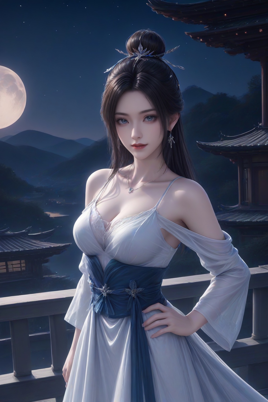 <lora:luxueqi_v1-000012:0.6>,luxueqi,1girl,solo,hair ornament,hair bun,facial mark,single hair bun,shiny,closed mouth,long hair,lips,lipstick,red lips,white dress,earrings,black hair,jewelry,dress,hair ornament,sash,shorts,moon,railing,clothing cutout,long sleeves,looking at viewer,dynamic pose,light smile,standing,hand on own hip,full body,masterpiece,highres,absurdres,best quality,8K,high-res detailed,night sky,[moon],star \(sky\),chinese style architecture,lantern,