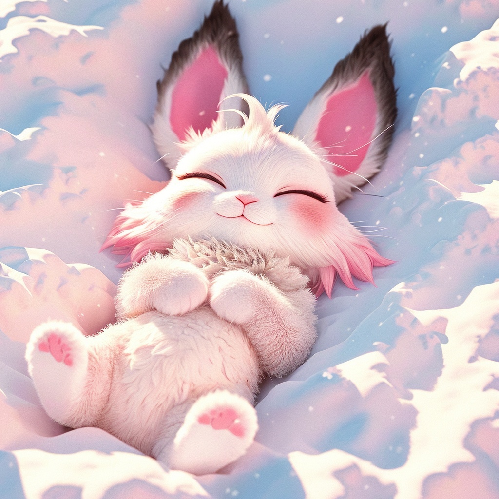 maotu,rabbit,rabbit focus,soft lighting,white fur,whimsy and dramatic lighting,warm colors,mf-movie-filter,cc-color-correction,cute,whiskers,:3,^ ^,light particles,sunlight,no humans,closed eyes,lying,solo,fluffy,on back,closed mouth,simple background,facing viewer,sky,cloud,smile,outdoors,cat,white background,snow,full body,<lora:maotu_v1:0.8>,