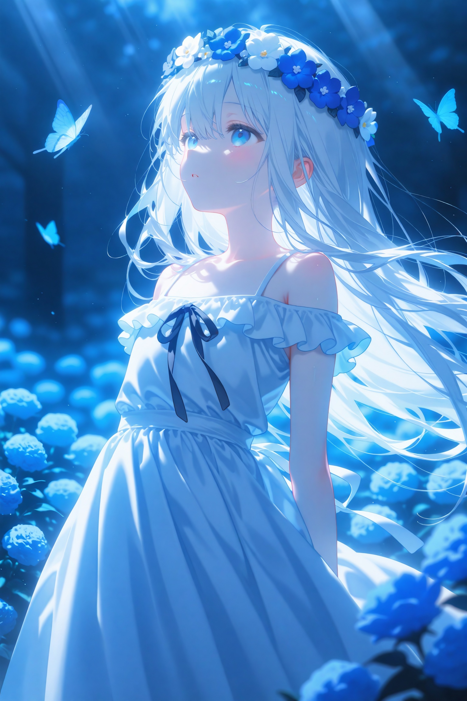 masterpiece,best quality,high quality,loli,chromatic_aberration,Blue Theme,artist:konya_karasue,//loli,night,gothic,long dress,1 girl,solo,long white hair,blue eyes,detailed eyes,blink and youll miss it detail,butterfly,flower garden,high quality,floral background,very detailed,off shoulder,//,official art,depth of field,detailed light,blurry background,cinematic lighting,ray tracing,ultra detailed,god rays,backlighting,photo background,film grain,chromatic aberration,volumetric lighting,depth of field,blurry background,shiny skin,floating hair,cinematic lighting,day,very aesthetic,cowboy shot,look up,head wreath,