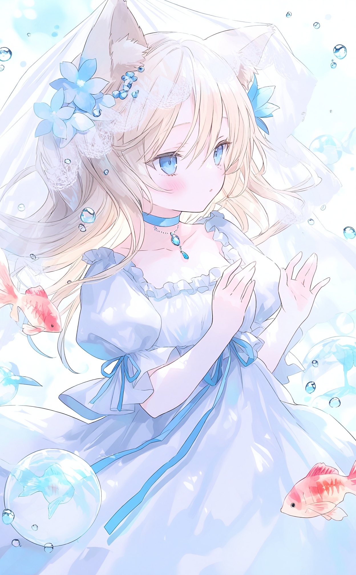 masterpiece,absurdres,best quality,loli,petite,high quality,chromatic_aberration,//,1girl, fish, veil, animal ears, dress, solo, long hair, flower, hair flower, animal ear fluff, white dress, hair ornament, blue eyes, hands up, bubble, parted lips, blue dress, hair between eyes, blonde hair, collarbone, choker, animal, puffy sleeves, blue flower, cat ears, bridal veil, short sleeves, goldfish, blush, jewelry, ribbon, white veil, breasts, water drop, blue ribbon, frills, light brown hair, long sleeves, blue choker//,<lora:guimao2025.10.24——【noob】hans:1>,