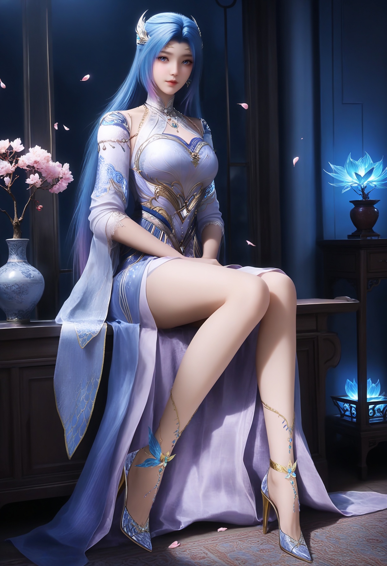 masterpiece,best quality,amazing quality,very aesthetic,high resolution,ultra-detailed,absurdres,scenery,photorealistic,(looking at viewer:1.1),(Dark room:1.3),(moody lighting:1.1),peach blossom,falling petals,(large breasts:0.8),tangwutong,1girl,solo,long hair,hair ornament,blue eyes,jewelry,dress,earrings,detached sleeves,high heels,necklace,anklet,sitting BREAK photorealistic details,<lora:QQSilltangwutongV1:0.8>,