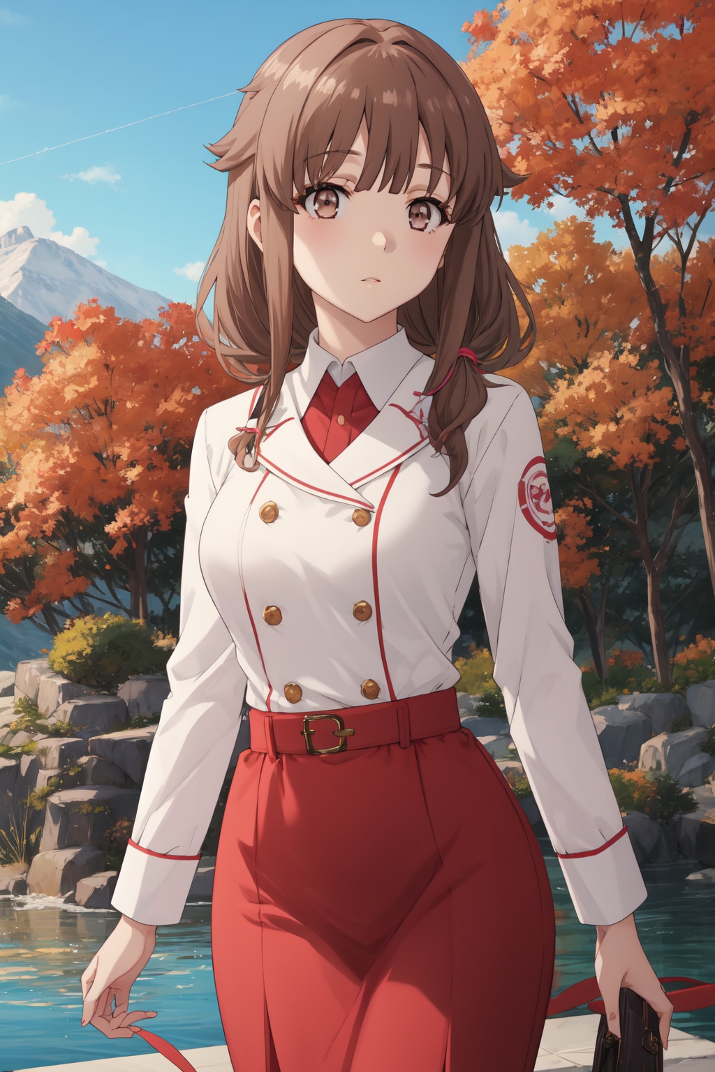 <lora:Kaede-000015:0.8>,Kaede CYQL,1girl,looking at viewer,solo,brown_hair,long_hair,bangs,brown_eyes,twintails,Flight attendants in classic red outfits, complete with a double-breasted blazer, pencil skirt, and a white silk tie.,grin,bust,Autumn, Foliage, Lake, Reflection, Mountains, Colors, Serenity, Tranquility,(Japanese maples, Zen garden, Red foliage, Stone lanterns, Autumnal hues, Japanese serenity:0.5),beautiful detailed sky,beautiful detailed glow,posing in front of a colorful and dynamic background,masterpiece,best quality,beautiful and aesthetic,contrapposto,female focus,wallpaper,