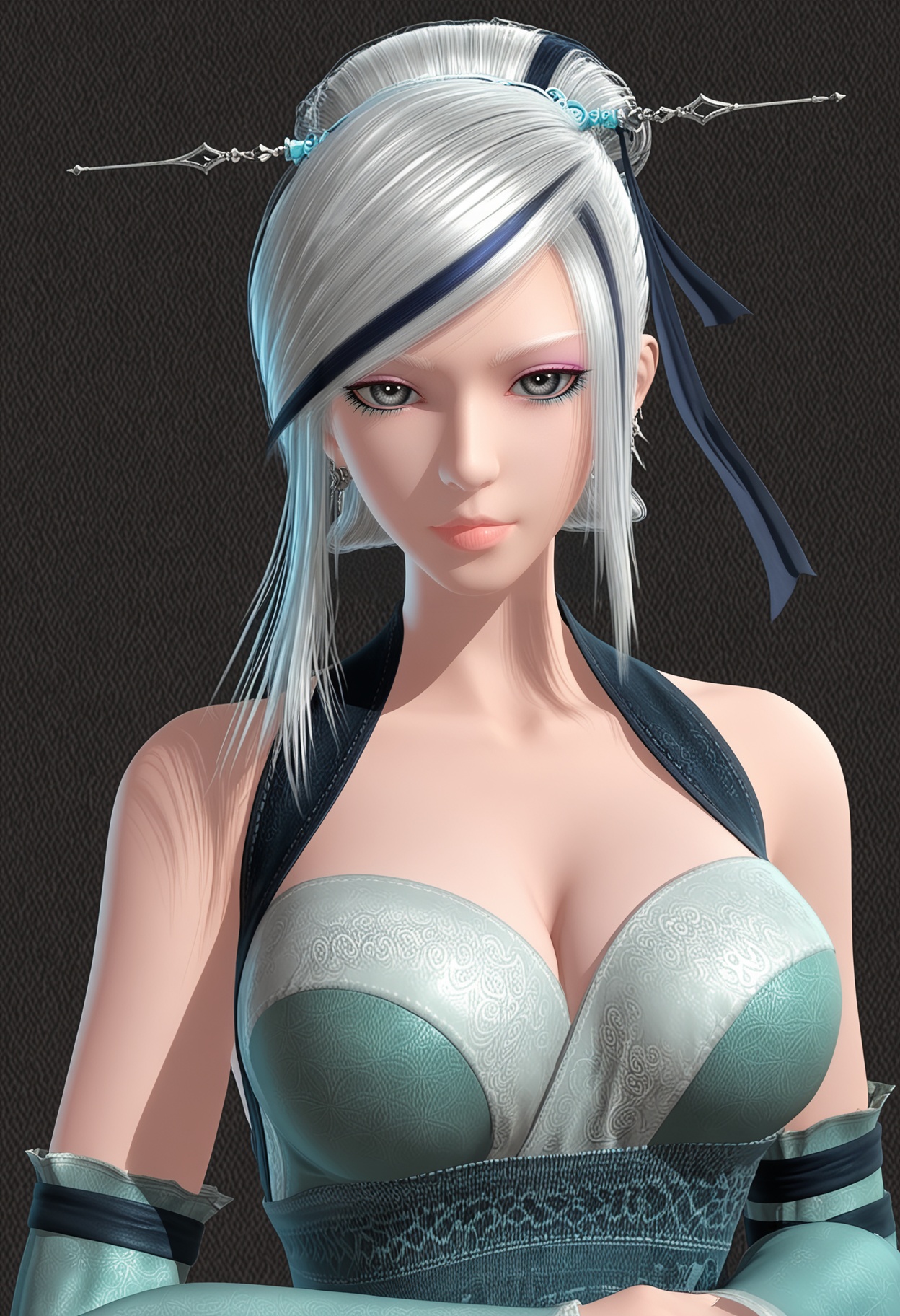 score_9,looking_at_viewer,upper body,(large breasts:0.8),xiaomeng,1girl,solo,white hair,hair ornament,bare shoulders,grey eyes,lips,single hair bun,dress,earrings,cleavage,jewelry,detached sleeves,streaked hair,hair stick,makeup,wide sleeves,high heels,(simple background,pure black background,black background:1.1),perfect_anatomy,<lora:QQSponyxiaomengV1:0.8>,