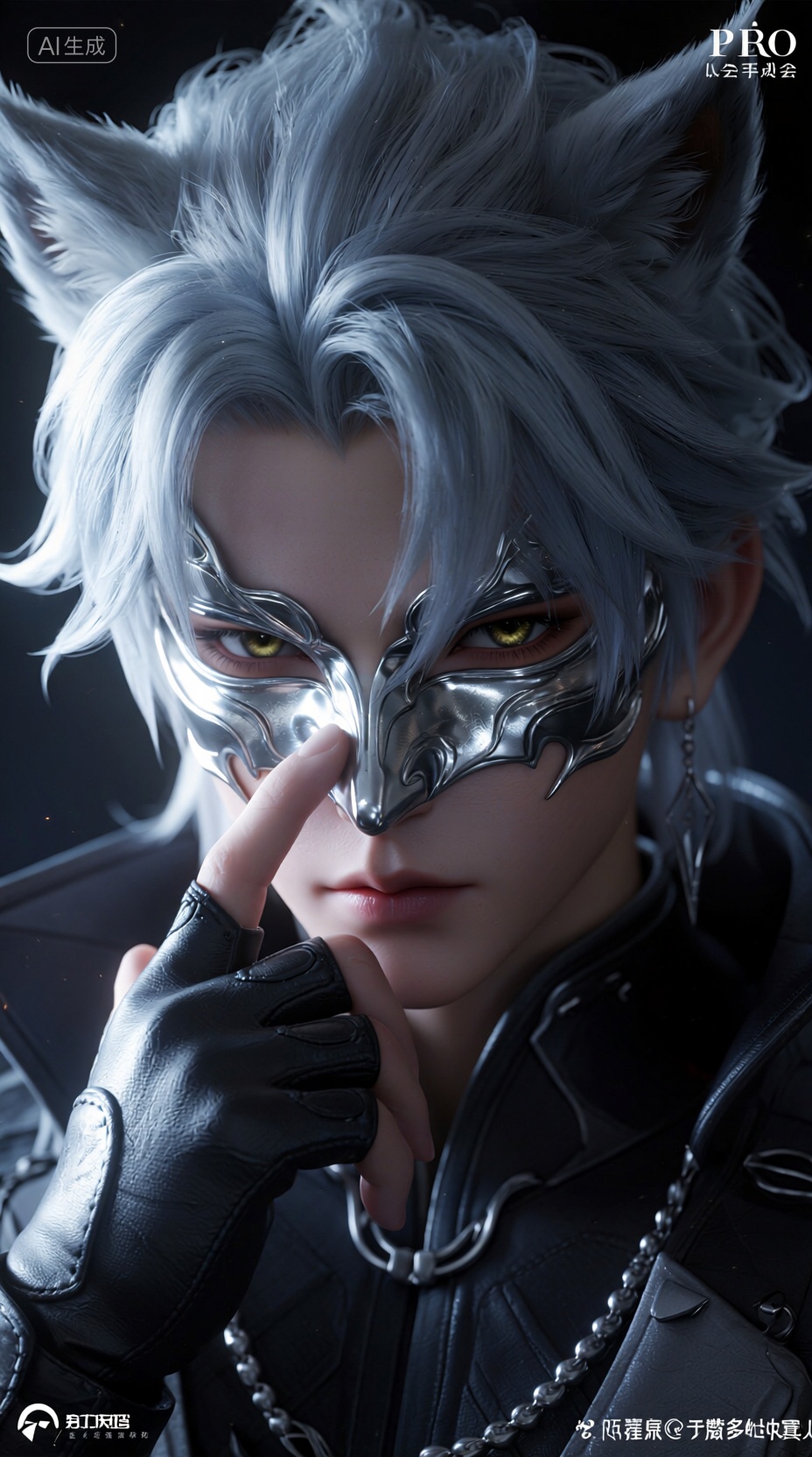 3D角色设计面部特写,一个银发兽耳的年轻男性角色微微低头,眼神锐利地凝视着镜头,他佩戴着一个华丽的银色金属面具,遮住了上半张脸,面具表面反射着冷色的光芒,他的左手戴着黑色战术手套,手指微曲,优雅地置于脸前,构成前景,强烈的背光勾勒出他头发和身体的轮廓,戏剧性的光影和浅景深效果共同营造出一种神秘而冷峻的氛围,PBR写实渲染,3D角色设计,戏剧性光影,浅景深,高精度雕刻模型,银发少年,金属面具,毛发系统,电影感调色,4K高清纹理,, Negative prompt: ng_deepnegative_v1_75t,(badhandv4:1.2),EasyNegative,(worst quality:2),,nsfw, Steps: 40, Sampler: Euler, CFG scale: 1.0, Seed: 265913574, Size: 928x1664, Model hash: 98763a1277, Model: Qwen-Image_1.0.safetensors, Denoising strength: 0, RNG: CPU, Lora 1: 【摸鱼】3D, Lora Hash 1: 2106c5bf96, Lora Weight 1: 0.8, Lora 2: 【摸鱼】3D电商渲染级KV海报_创意视觉表达, Lora Hash 2: ce1227b095, Lora Weight 2: 0.4, Lora 3: Qwen-Image-Lightning-8steps-V1.1-bf16.safetensors, Lora Hash 3: fe04c3ec1d, Lora Weight 3: 0.6, vae_name: automatic