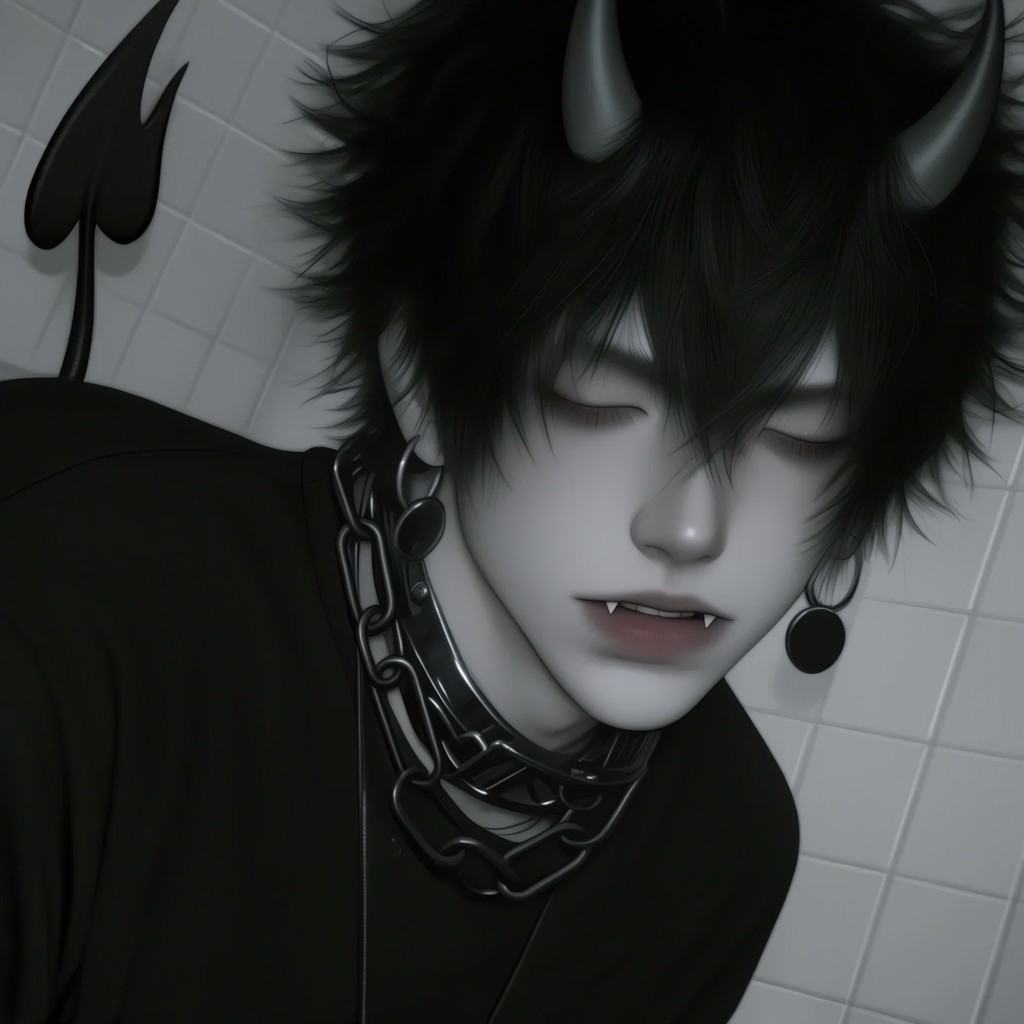 This is a digital artwork depicting a gothic,  demon-like character in a dark,  moody style. The male is a pale-skinned on...