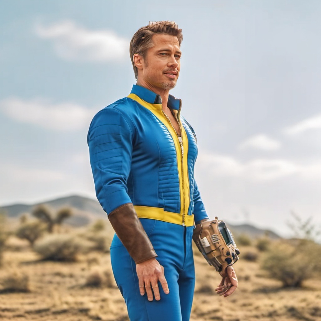 cinematic photo a full body brad pitt wears a blue and yellow jumpsuit,  computer wrist . 35mm photograph,  film on Tensor...