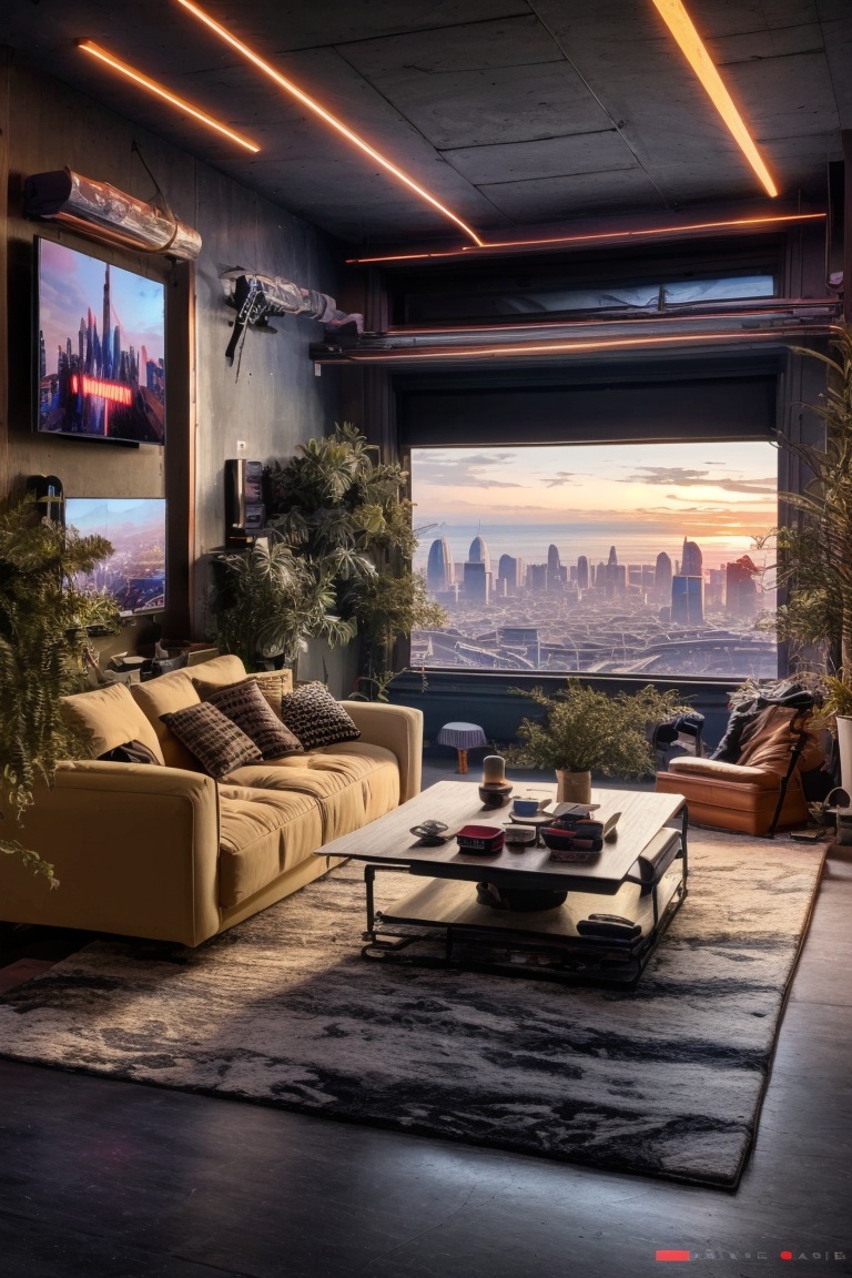 ((HRD, HUD, 8K)),((masterpiece, best quality)), highly detailed, soft light,Parlour, cityscape, city, window, scenery, indoors, potted plant, plant, skyscraper, couch, pillow, no humans, building, game console, bed, city lights, game controller, controller, computer, table, skyline, night, monitor, <lora:20240326-1711424345012:1>