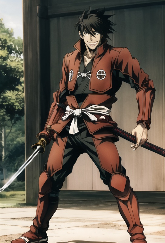 1boy, toyohisa, standing,full body, outdoors,sword,  looking at viewer, smile,   <lora:toyohisa:0.8>