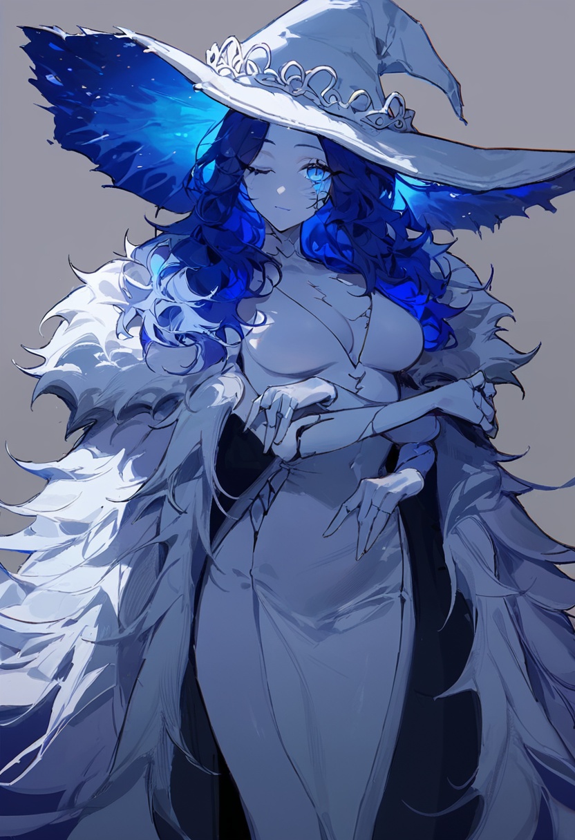 1girl, ranni the witch,  ciloranko, maccha \(mochancc\), lobelia \(saclia\), migolu, ask \(askzy\), wanke, (jiu ye sang:1.1), (rumoon:0.9), (mizumi zumi:1.1), white witch hat, blue ring, white dress, grey fur cloak, blue hair, blue eyes, one eye closed, blue skin, cracked skin, doll joints, extra arms, extra faces, dress, fur cloak, alternate breast size, medium breasts, closed mouth, crack, joints, solo, white hat, large hat, colored skin, doll, breasts, witch, cloak, hat, looking at viewer, blue lips, long hair, witch hat, masterpiece, best quality, newest, absurdres, nsfw, explicit <lora:ln_v1.1-000003:1>