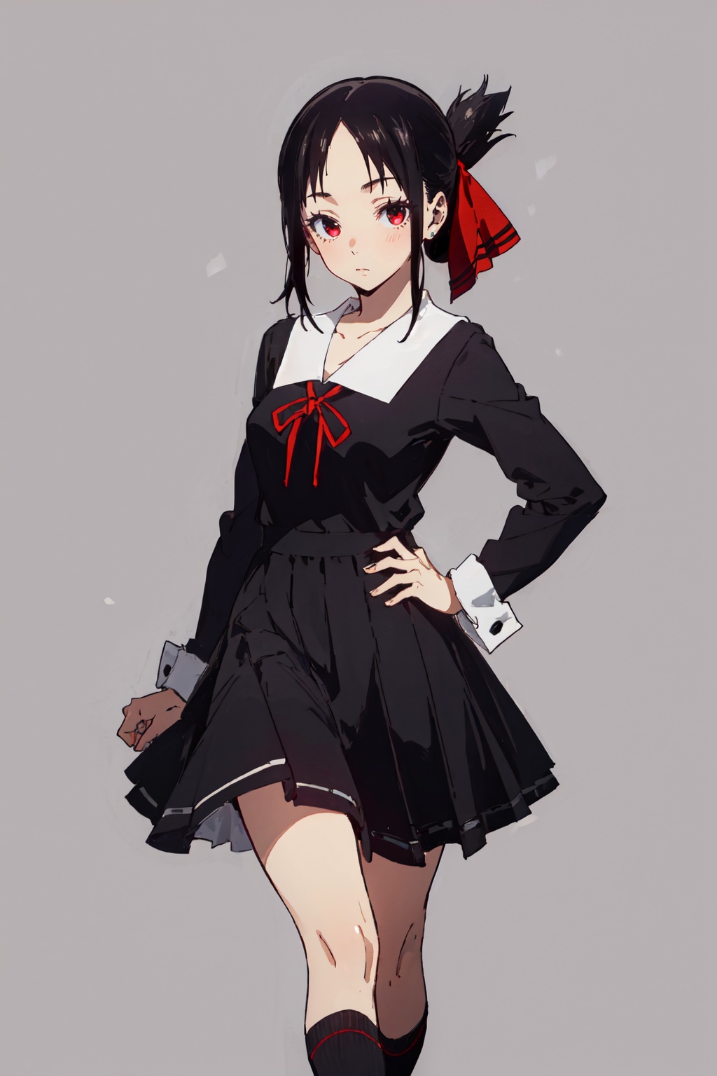 1girl,looking at viewer,solo,black hair,short hair,folded ponytail,red eyes,shuuchiin academy school uniform,dress,ribbon,red ribbon,socks,black socks,hair ribbon,black dress,kneehighs,shoes,long sleeves,<lora:Kaguya:0.8>,Kaguya_CYQL,portrait,beautiful face,beautiful eyes,glossy skin,shiny skin,grey background,simple background,posing in front,masterpiece,best quality,beautiful and aesthetic,contrapposto,female focus,wallpaper,fashion,