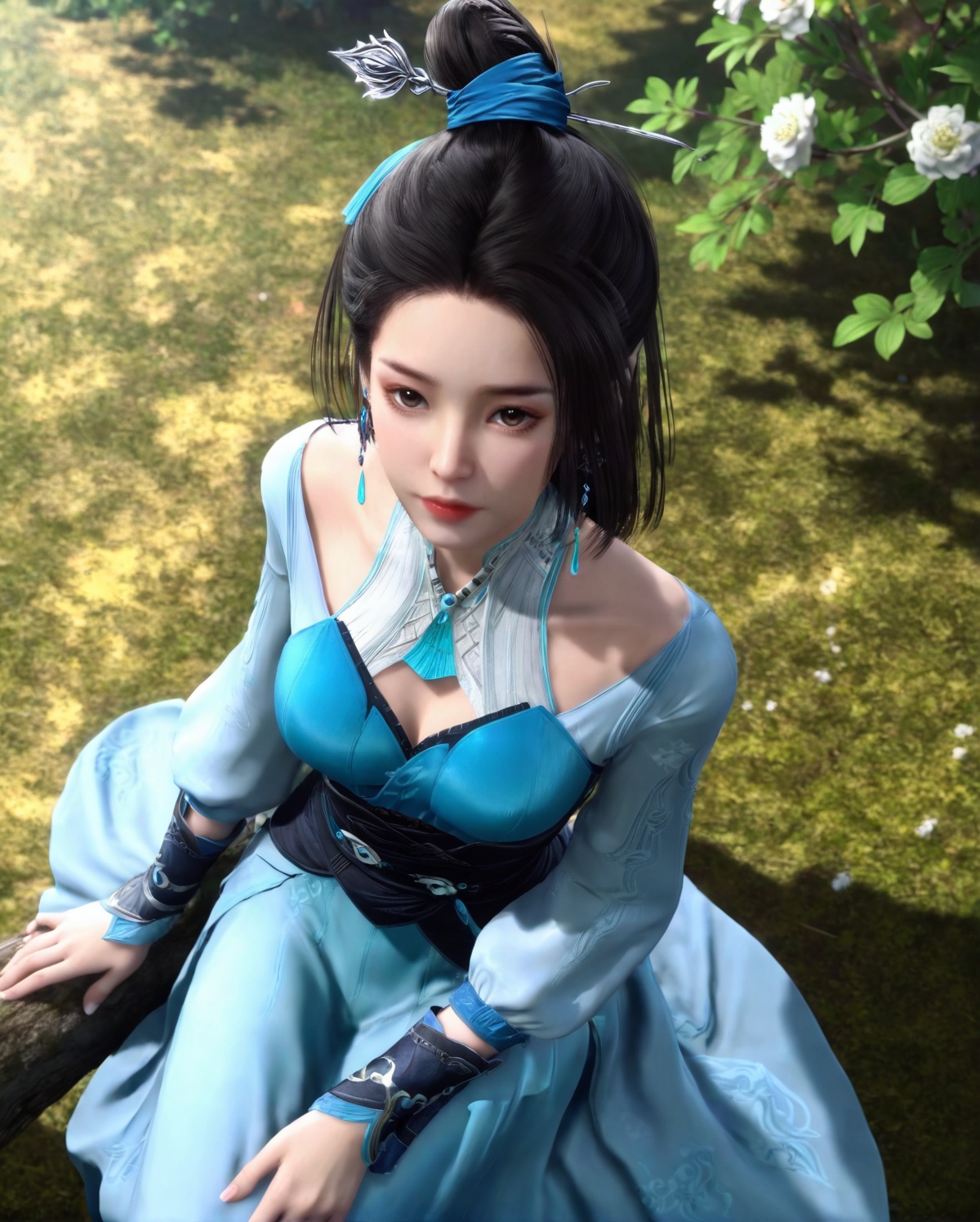 <lora:SF_LanLingE_Pony_Realism-000003:0.7>,1girl,solo,flower,dress,earrings,detached sleeves,hair ornament,jewelry,sitting,looking at viewer,branch,black hair,long hair,from above,hair bun,blue dress,