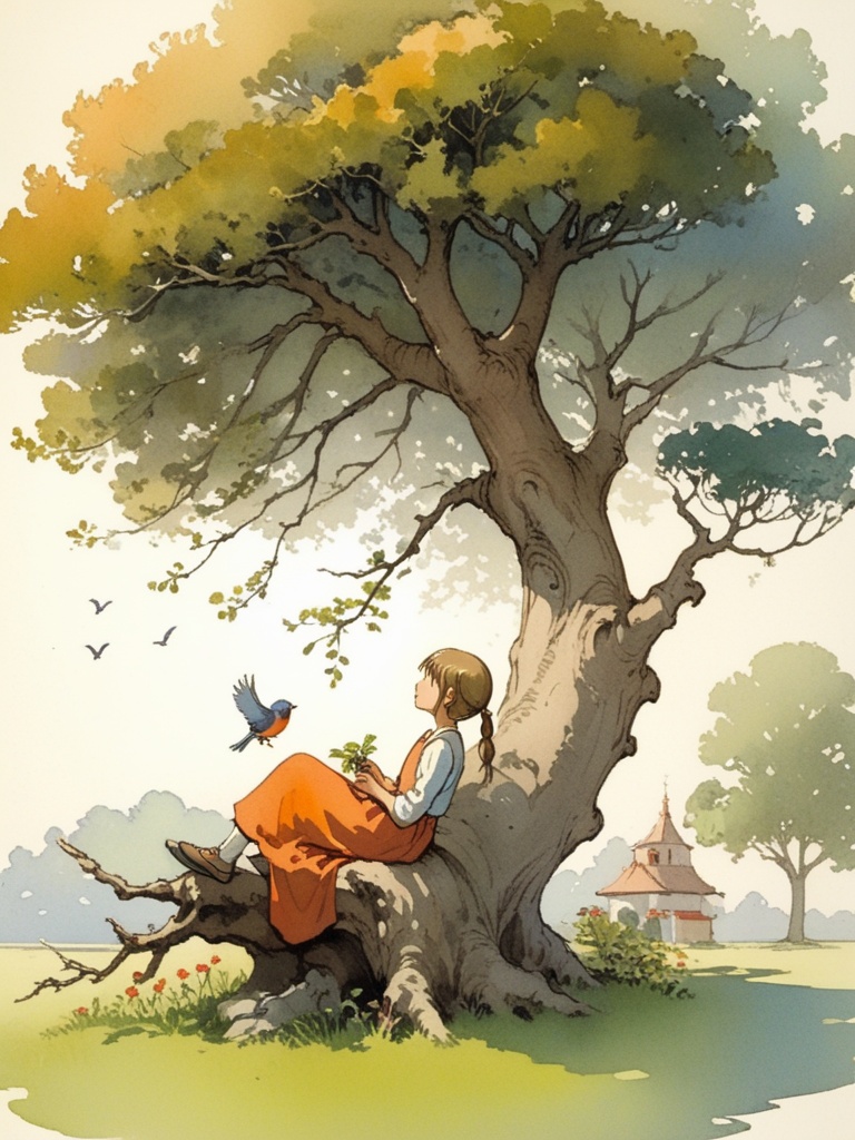 1 girl, bird, branch, tree, sitting against a big tree, traditional media, garden