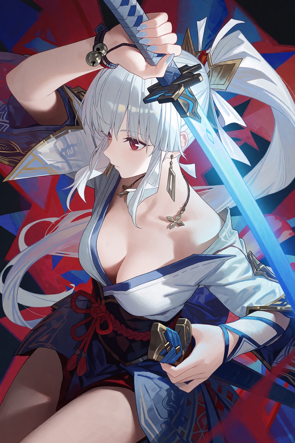 Kamisato Ayaka from Genshin Impact,  Kamisato Ayaka is shown in a three-quarter view from the waist up. She has long,  pal...